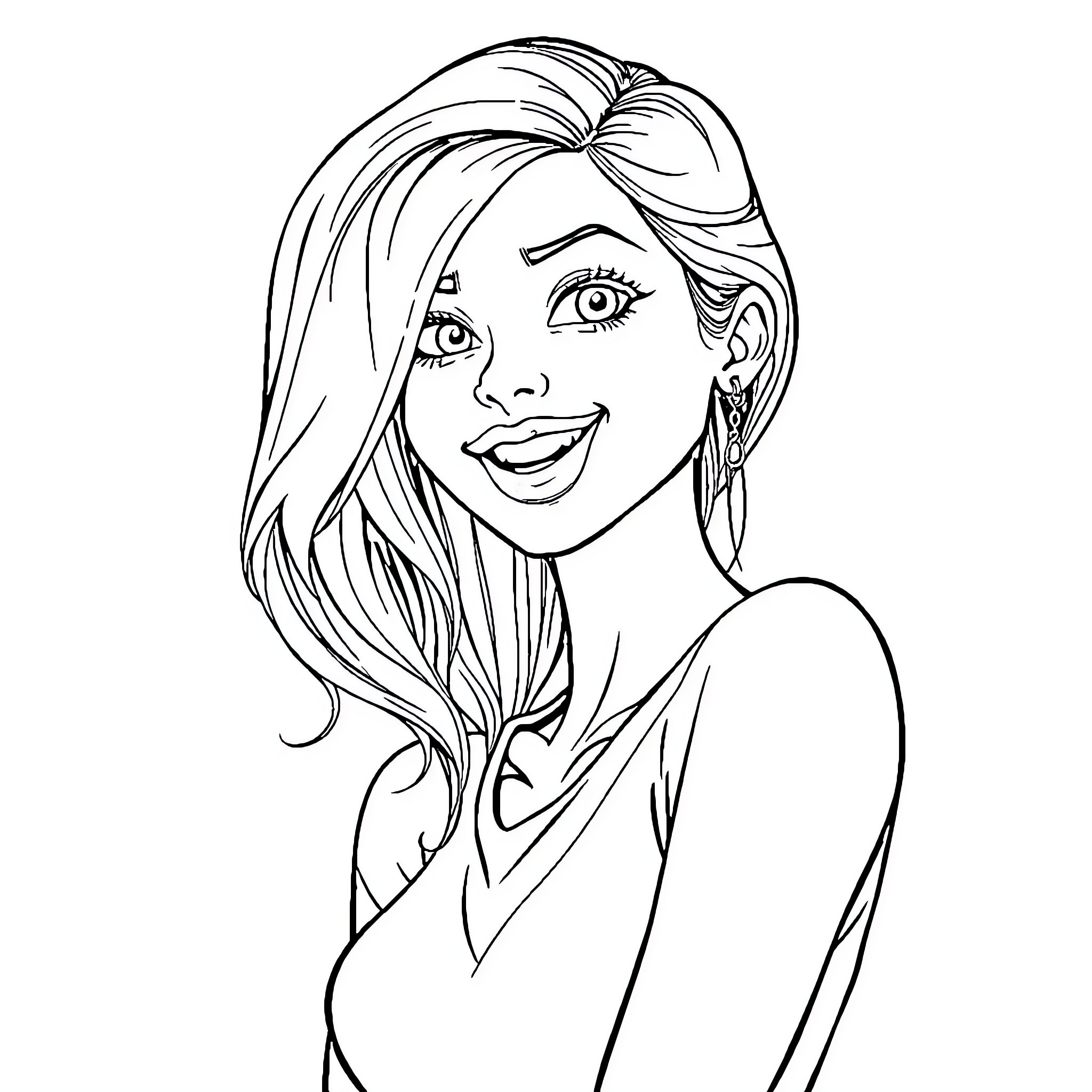 Girl smiling with long hair Coloring Page (free black-and-white line drawing printable PDF for all, from beginners to advanced learners, including children, teens, adults, and seniors)