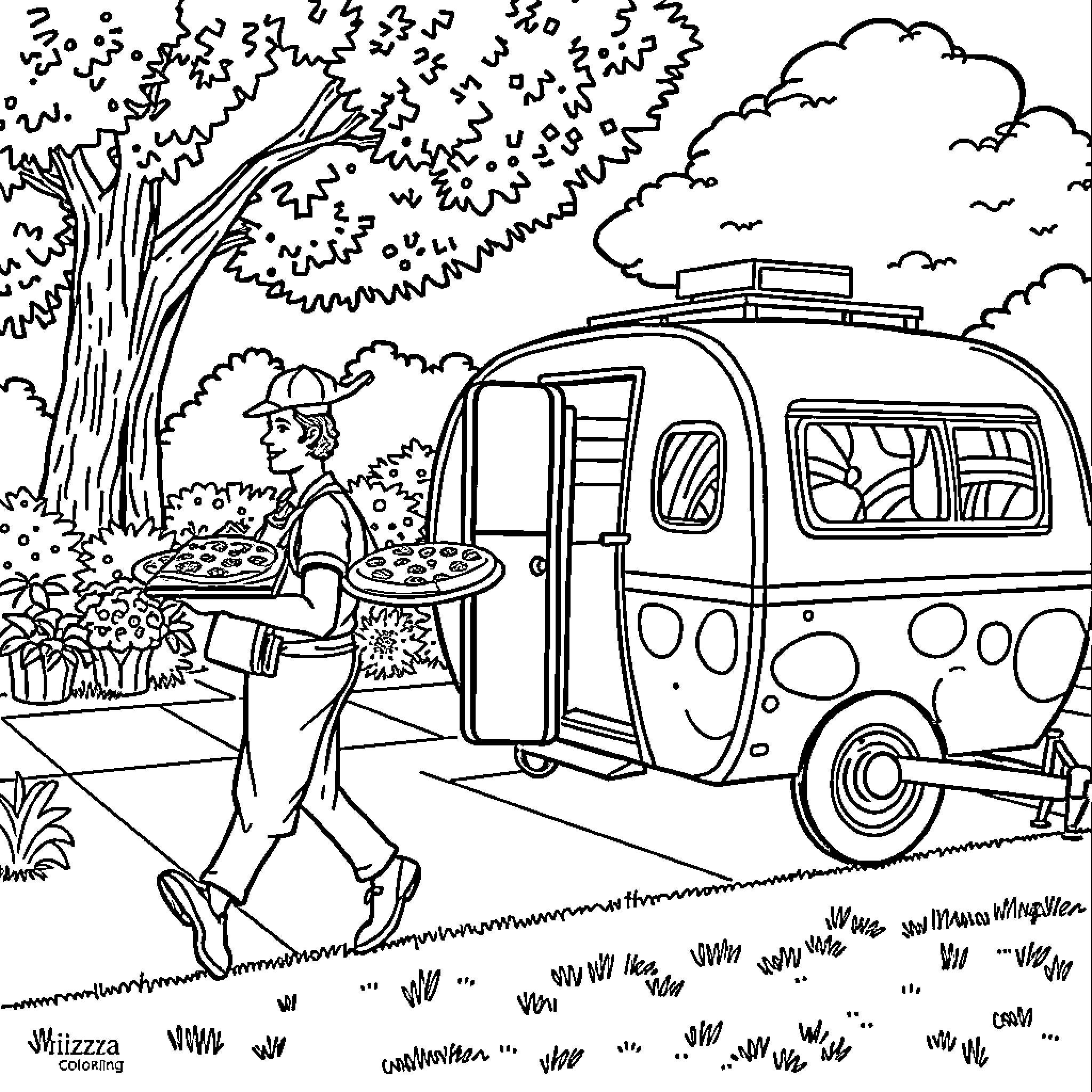 Pizza Delivery in the Countryside Coloring Page (free black-and-white line drawing printable PDF for all, from beginners to advanced learners, including children, teens, adults, and seniors)