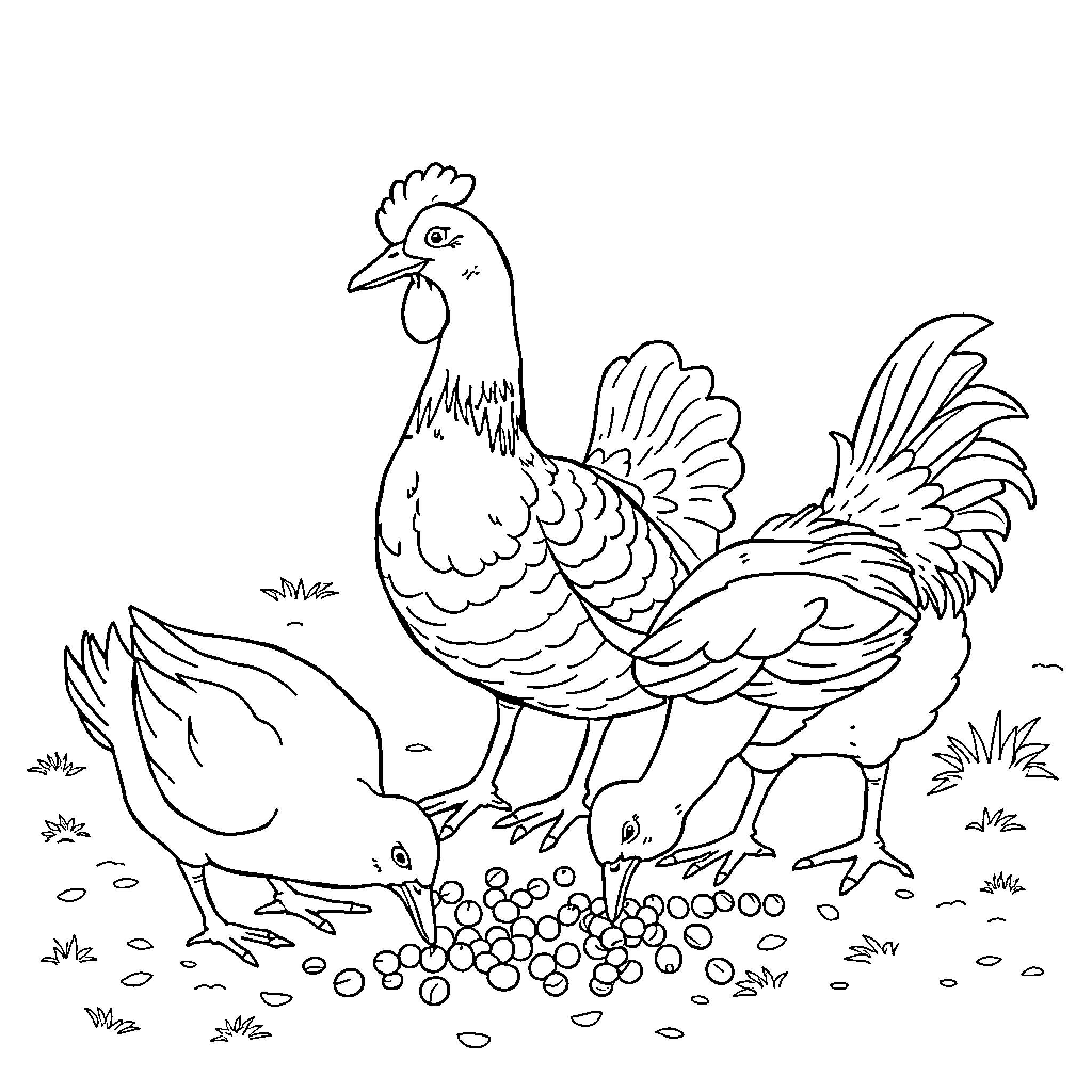 Bird pecking at seeds with chickens Coloring Page (free black-and-white line drawing printable PDF for all, from beginners to advanced learners, including children, teens, adults, and seniors)