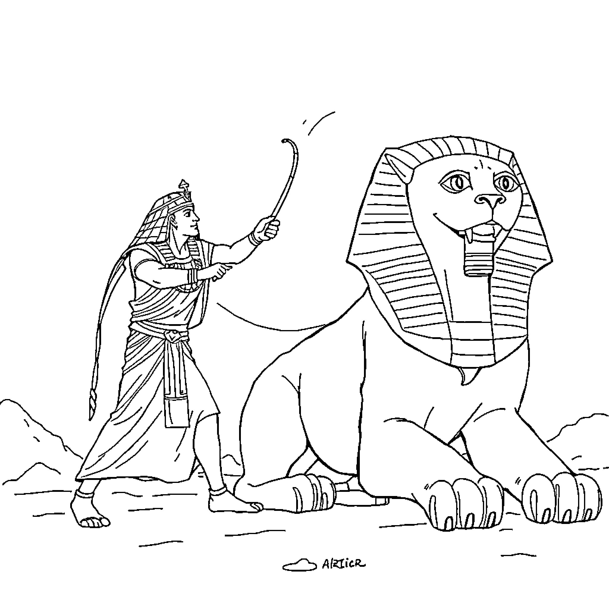 Pharaoh Commanding the Sphinx Statue Coloring Page (free black-and-white line drawing printable PDF for all, from beginners to advanced learners, including children, teens, adults, and seniors)