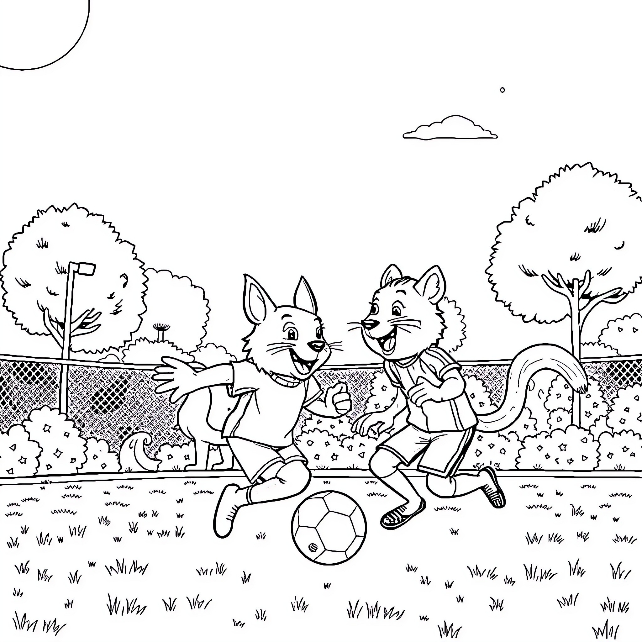 Animal friends playing soccer in the park Coloring Page (free black-and-white line drawing printable PDF for all, from beginners to advanced learners, including children, teens, adults, and seniors)
