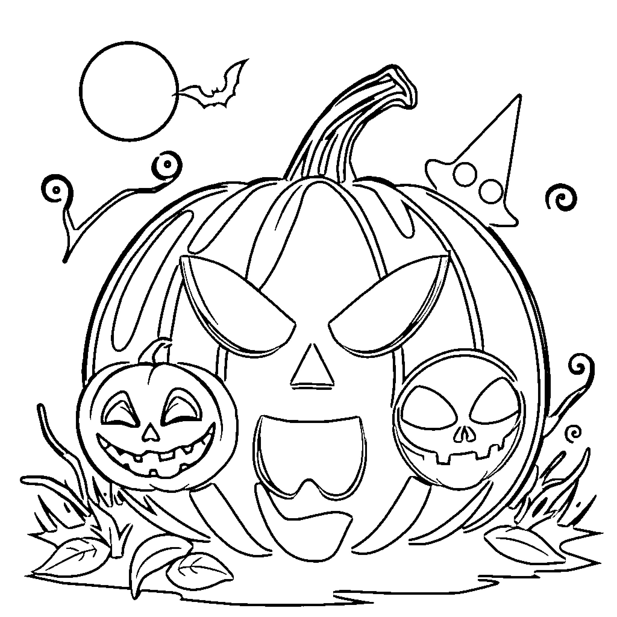 Pumpkins with Spooky Expressions and Halloween Decorations Coloring Page (free black-and-white line drawing printable PDF for all, from beginners to advanced learners, including children, teens, adults, and seniors)