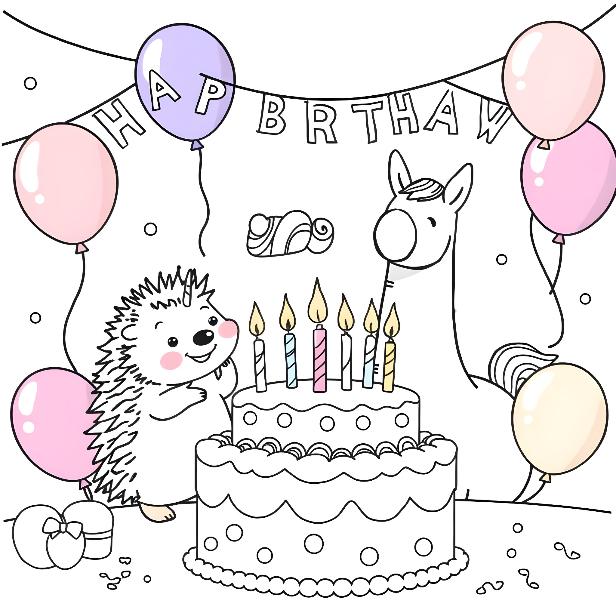 Hedgehog celebrating birthday with balloons and cake Coloring Page (free black-and-white line drawing printable PDF for all, from beginners to advanced learners, including children, teens, adults, and seniors)