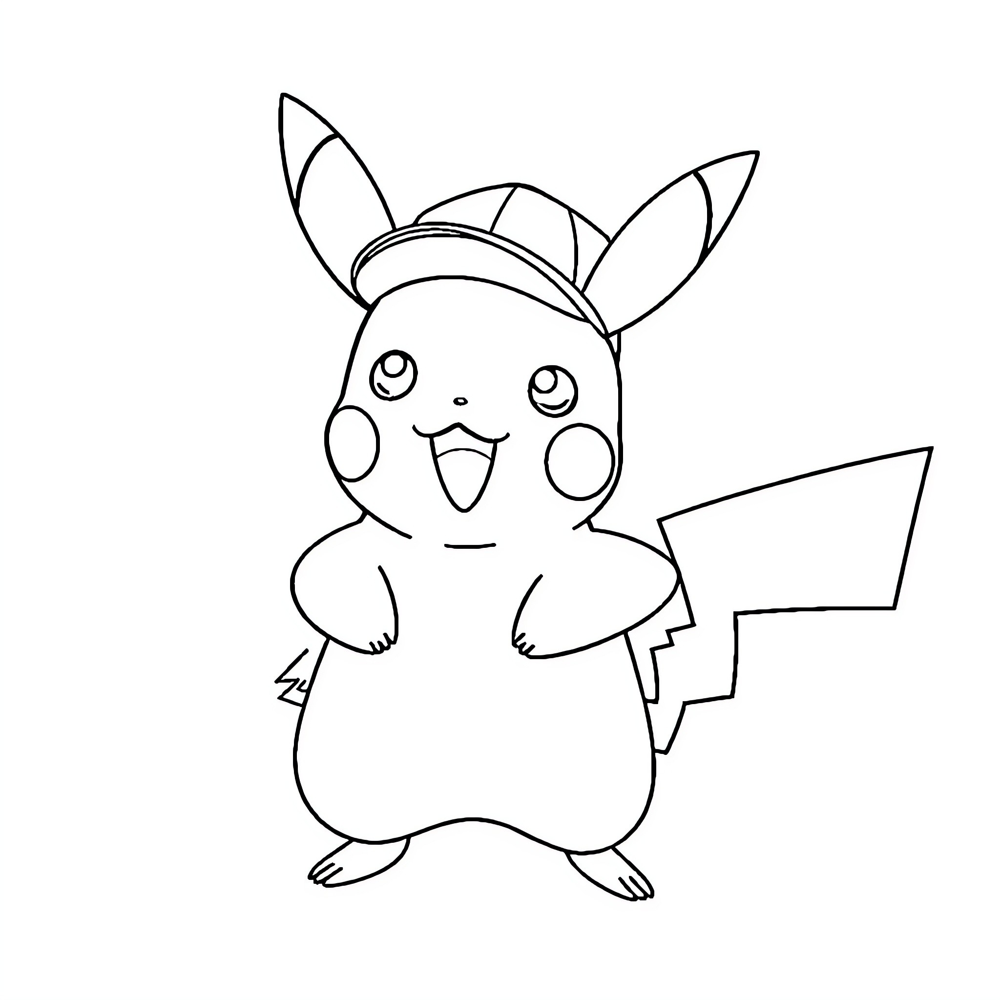 Pikachu excitedly holding a pokeball Coloring Page (free black-and-white line drawing printable PDF for all, from beginners to advanced learners, including children, teens, adults, and seniors)