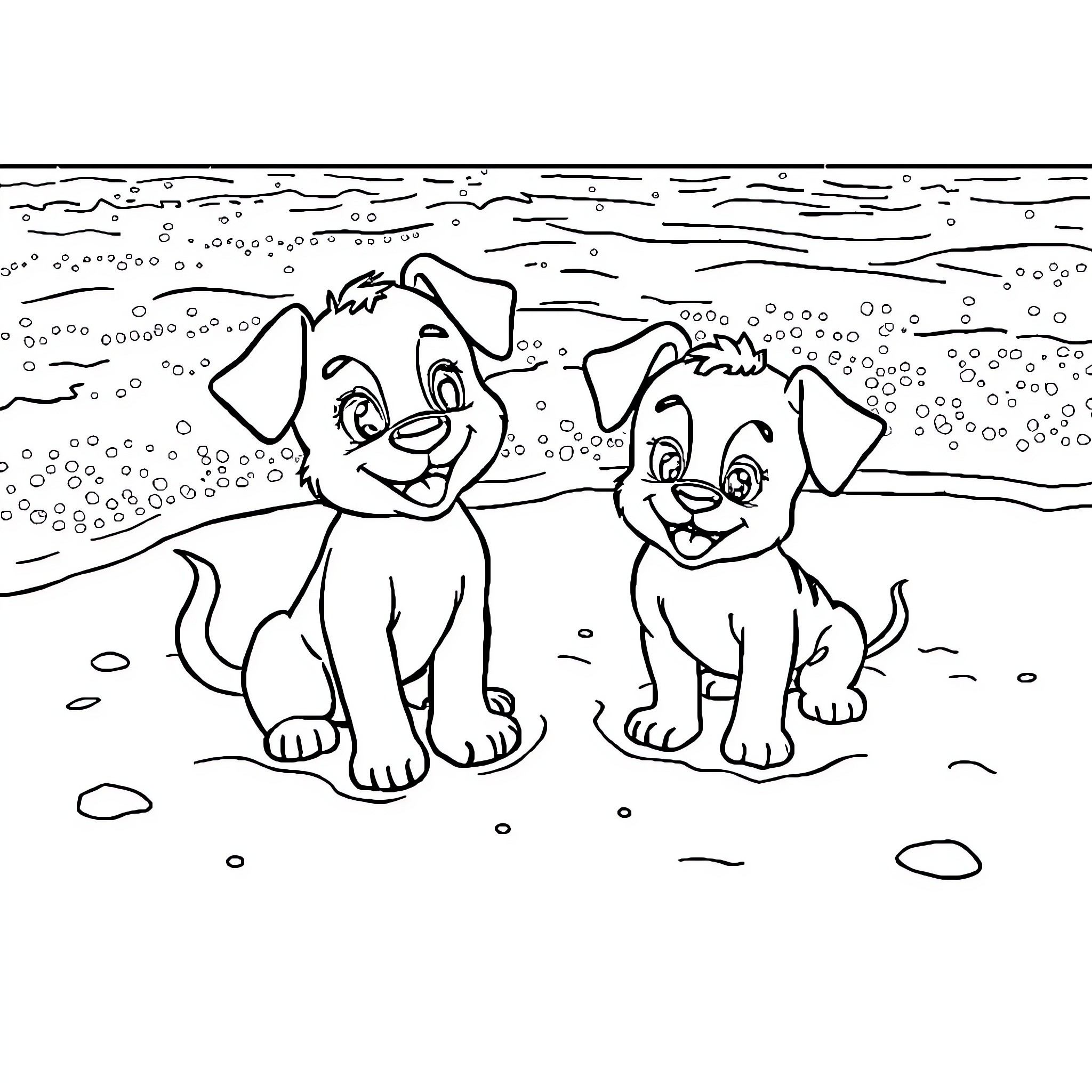 Bluey puppies playing happily in the snow Coloring Page (free black-and-white line drawing printable PDF for all, from beginners to advanced learners, including children, teens, adults, and seniors)