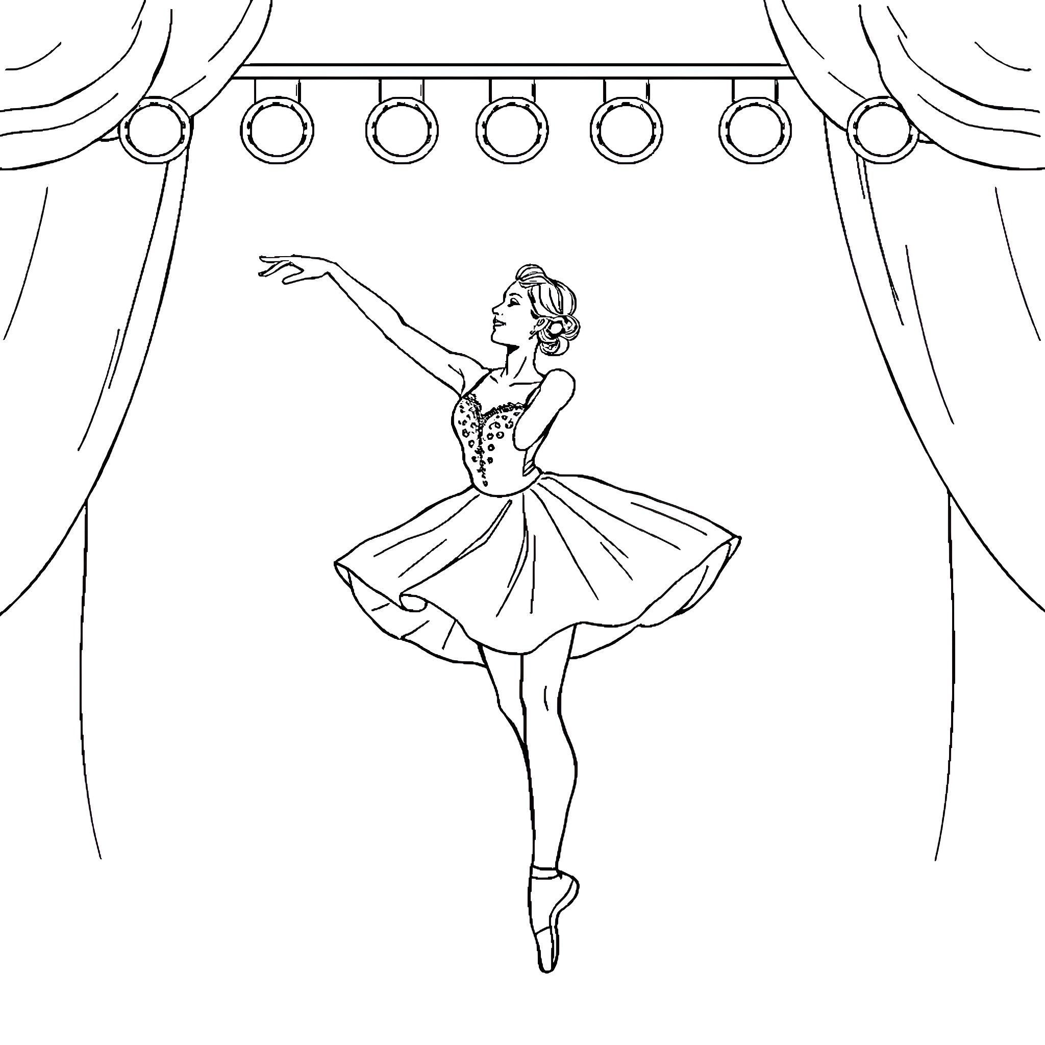 Ballet Dancer Performing on Stage Coloring Page (free black-and-white line drawing printable PDF for all, from beginners to advanced learners, including children, teens, adults, and seniors)