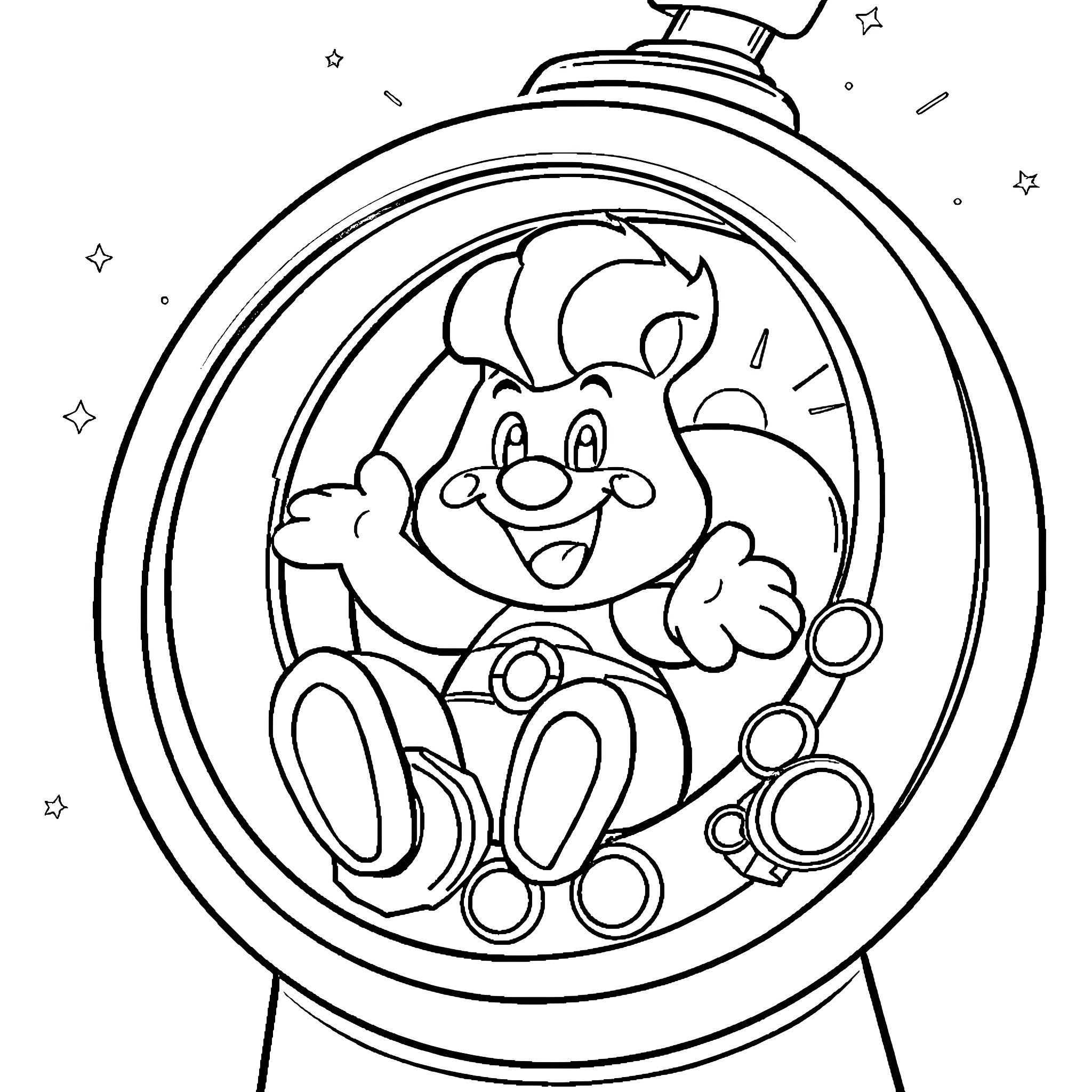 Sparty cheerfully trapped inside a glass sphere Coloring Page (free black-and-white line drawing printable PDF for all, from beginners to advanced learners, including children, teens, adults, and seniors)