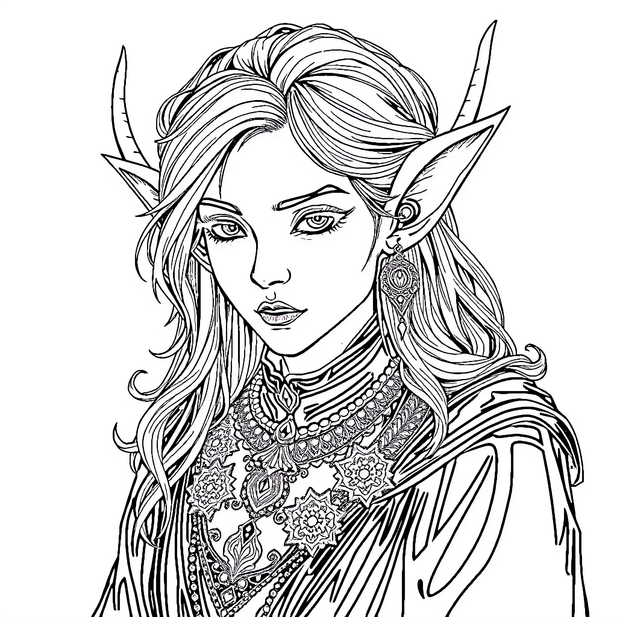 Gothic Elf with Intricate Jewelry and Flowing Hair Coloring Page (free black-and-white line drawing printable PDF for all, from beginners to advanced learners, including children, teens, adults, and seniors)