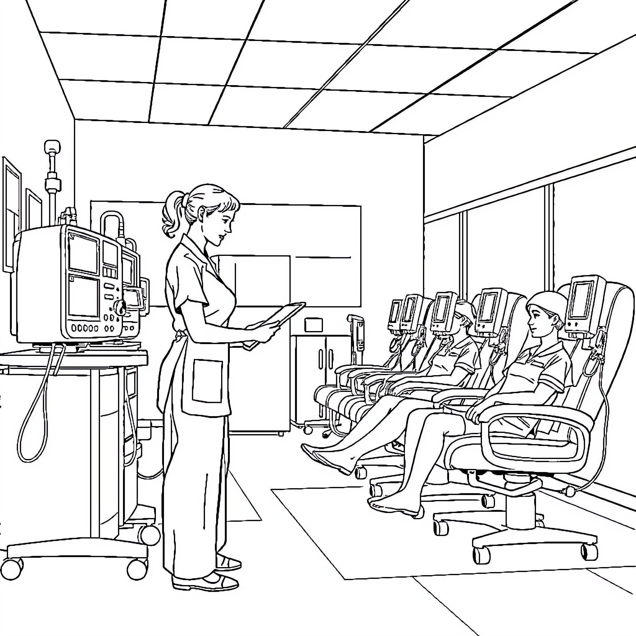 Nurse assisting patients in medical facility Coloring Page (free black-and-white line drawing printable PDF for all, from beginners to advanced learners, including children, teens, adults, and seniors)