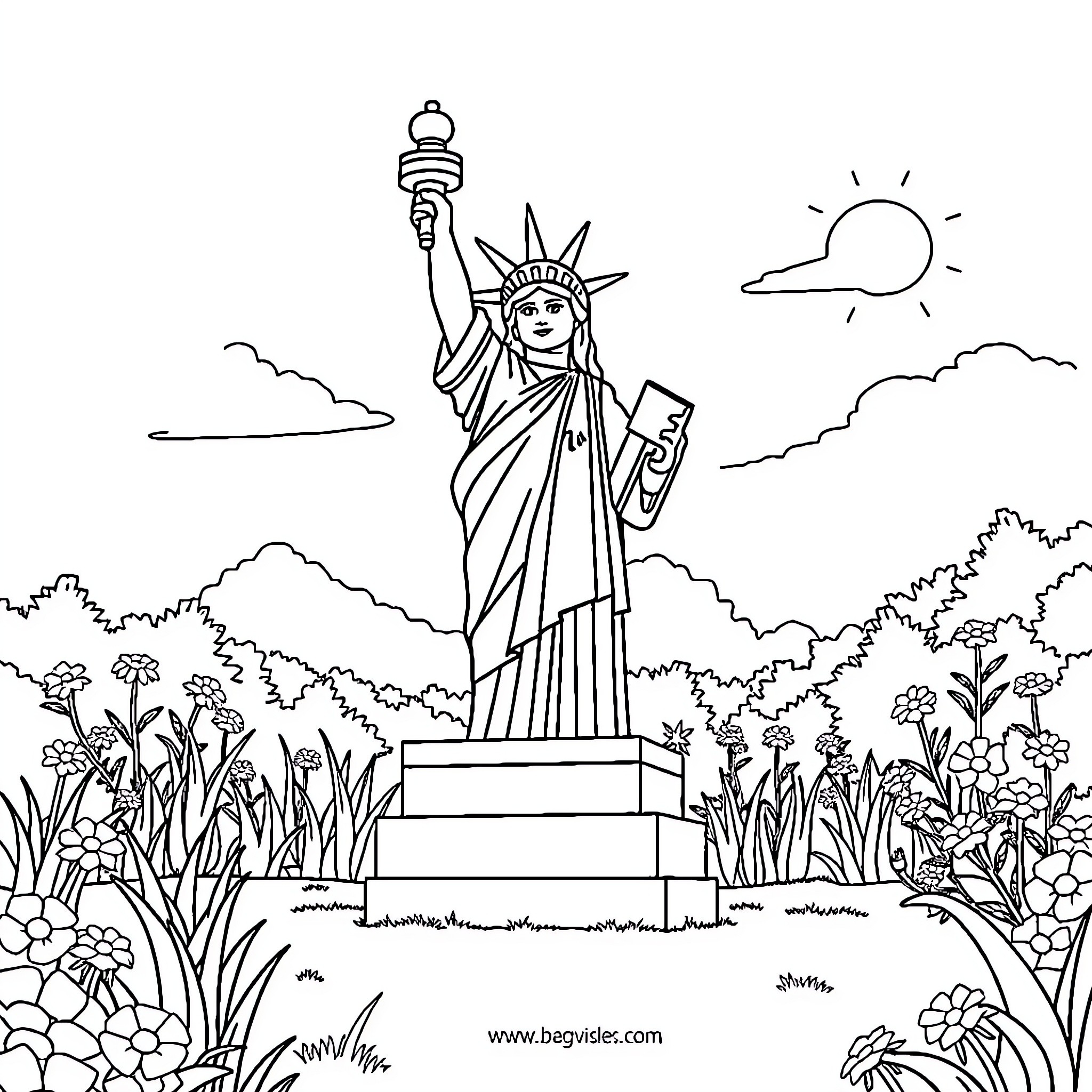 Lego Statue of Liberty in Scenic Park Landscape Coloring Page (free black-and-white line drawing printable PDF for all, from beginners to advanced learners, including children, teens, adults, and seniors)