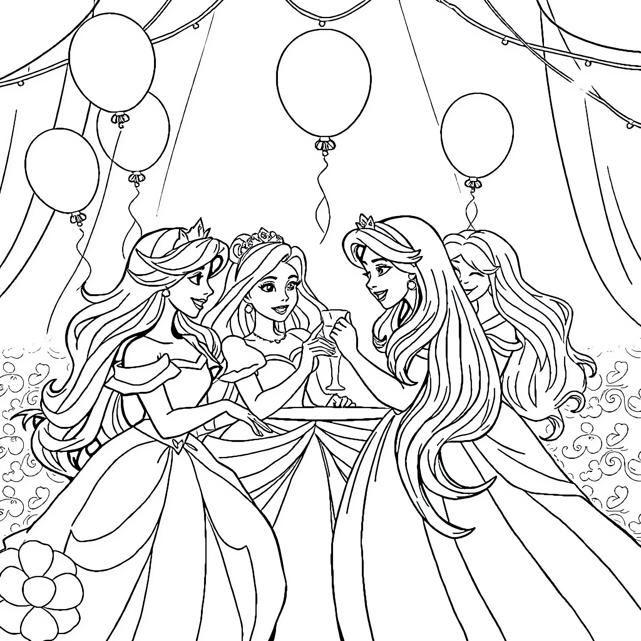 Princesses Celebrating with Balloons and Flowers Coloring Page (free black-and-white line drawing printable PDF for all, from beginners to advanced learners, including children, teens, adults, and seniors)
