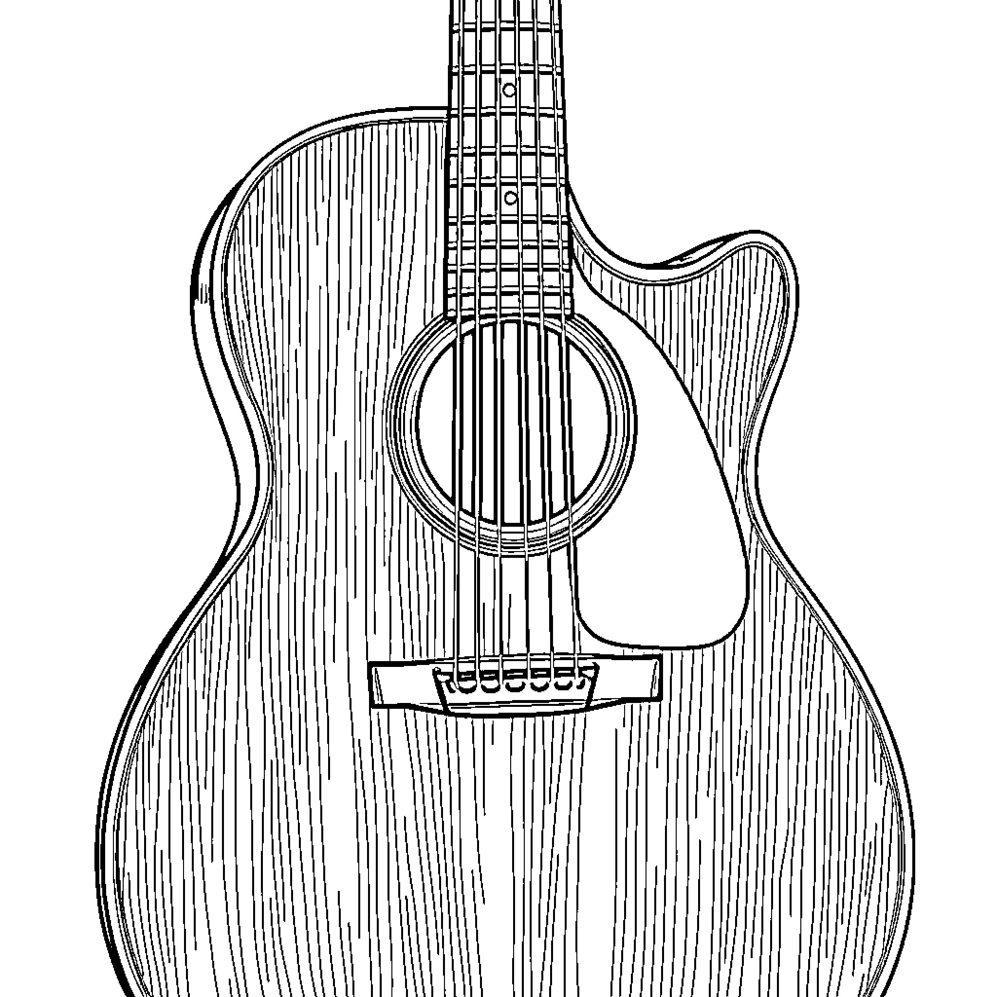 Guitar with detailed wood grain pattern Coloring Page (free black-and-white line drawing printable PDF for all, from beginners to advanced learners, including children, teens, adults, and seniors)