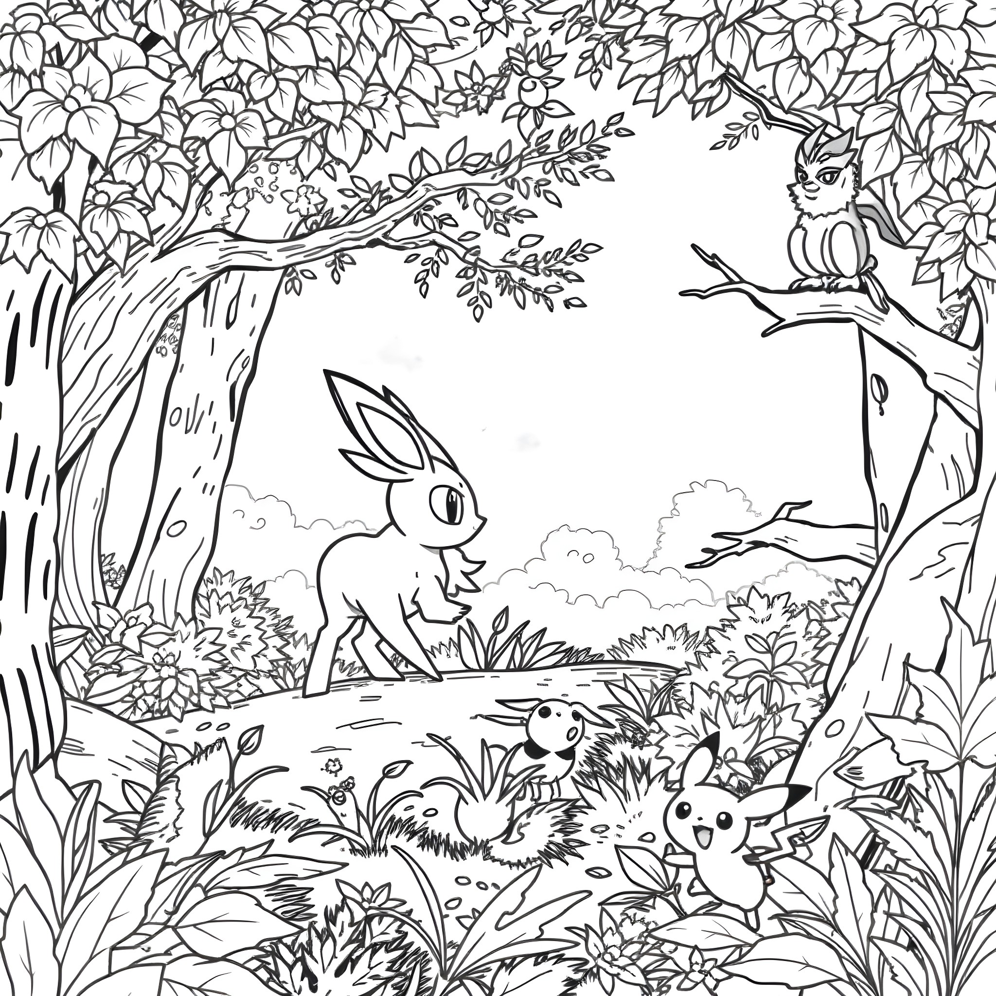 Leafeon enjoying a peaceful forest scene Coloring Page (free black-and-white line drawing printable PDF for all, from beginners to advanced learners, including children, teens, adults, and seniors)