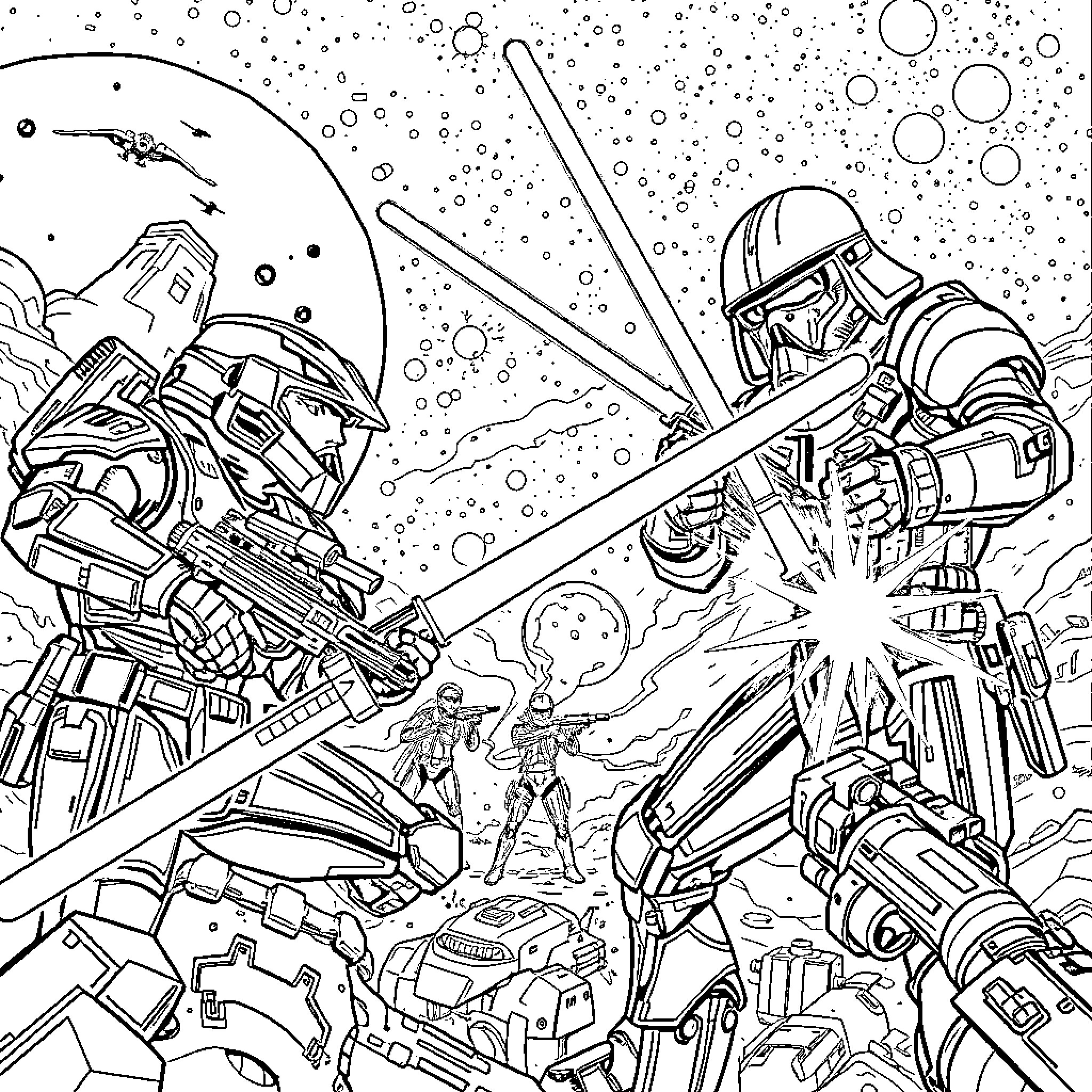 Halo: Cosmic Battle of Galactic Guardians Coloring Page (free black-and-white line drawing printable PDF for all, from beginners to advanced learners, including children, teens, adults, and seniors)