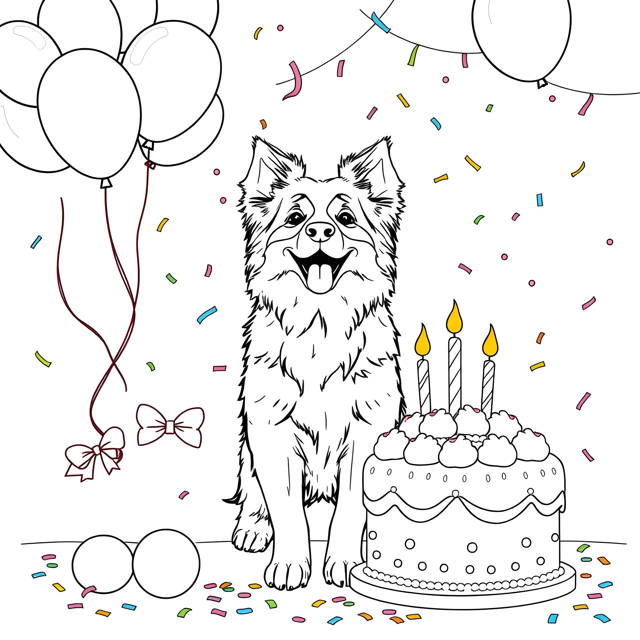 Australian Shepherd celebrating birthday with cake and balloons Coloring Page (free black-and-white line drawing printable PDF for all, from beginners to advanced learners, including children, teens, adults, and seniors)