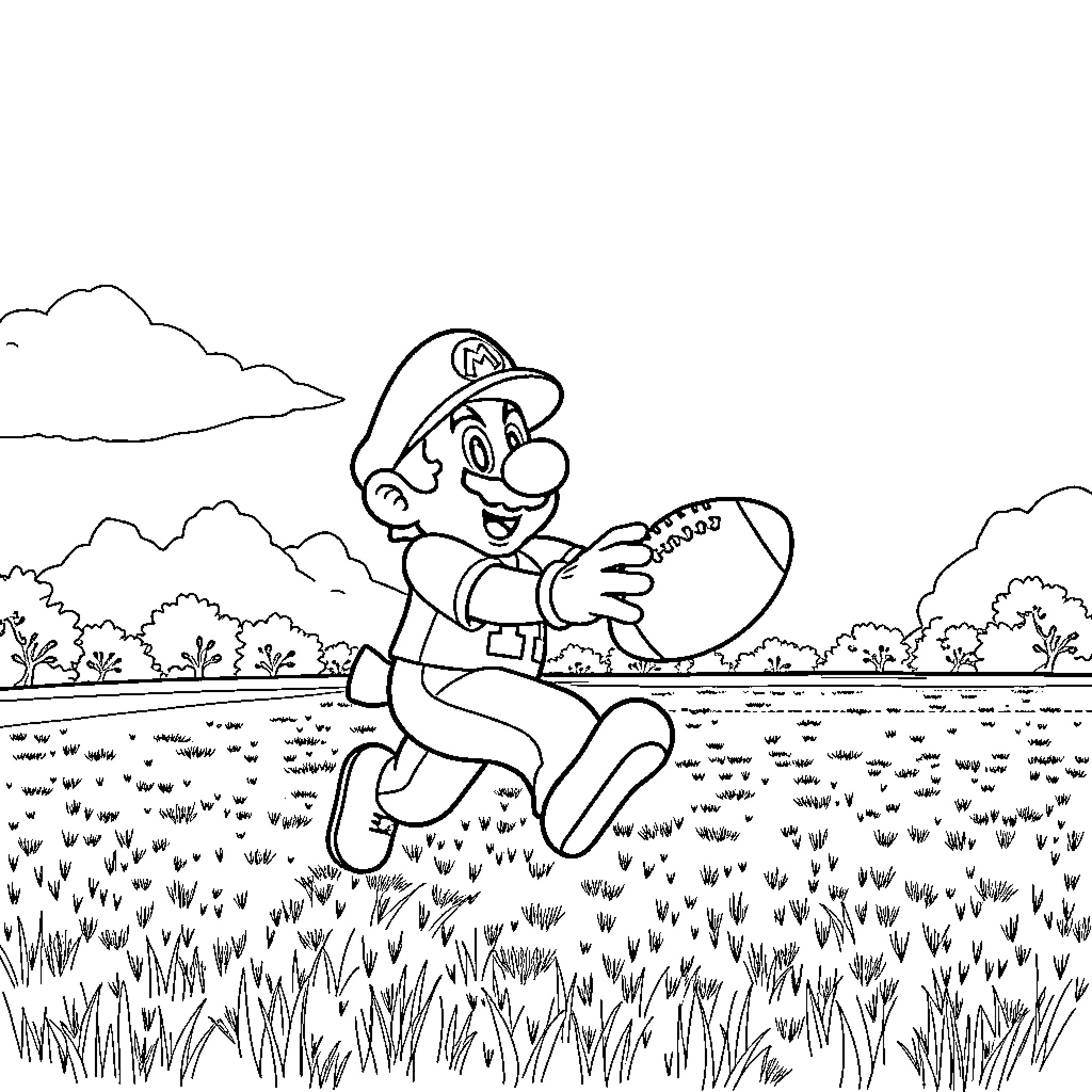 Mario Running Joyfully Through Grassy Field Coloring Page (free black-and-white line drawing printable PDF for all, from beginners to advanced learners, including children, teens, adults, and seniors)