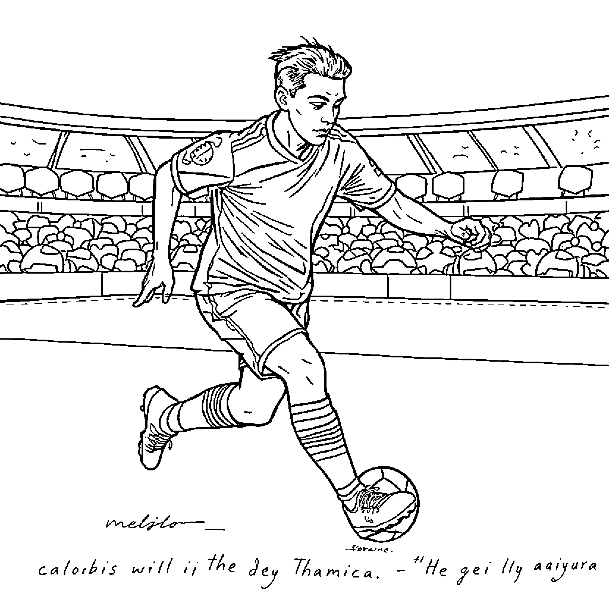 Soccer Field with Player in Action Coloring Page (free black-and-white line drawing printable PDF for all, from beginners to advanced learners, including children, teens, adults, and seniors)