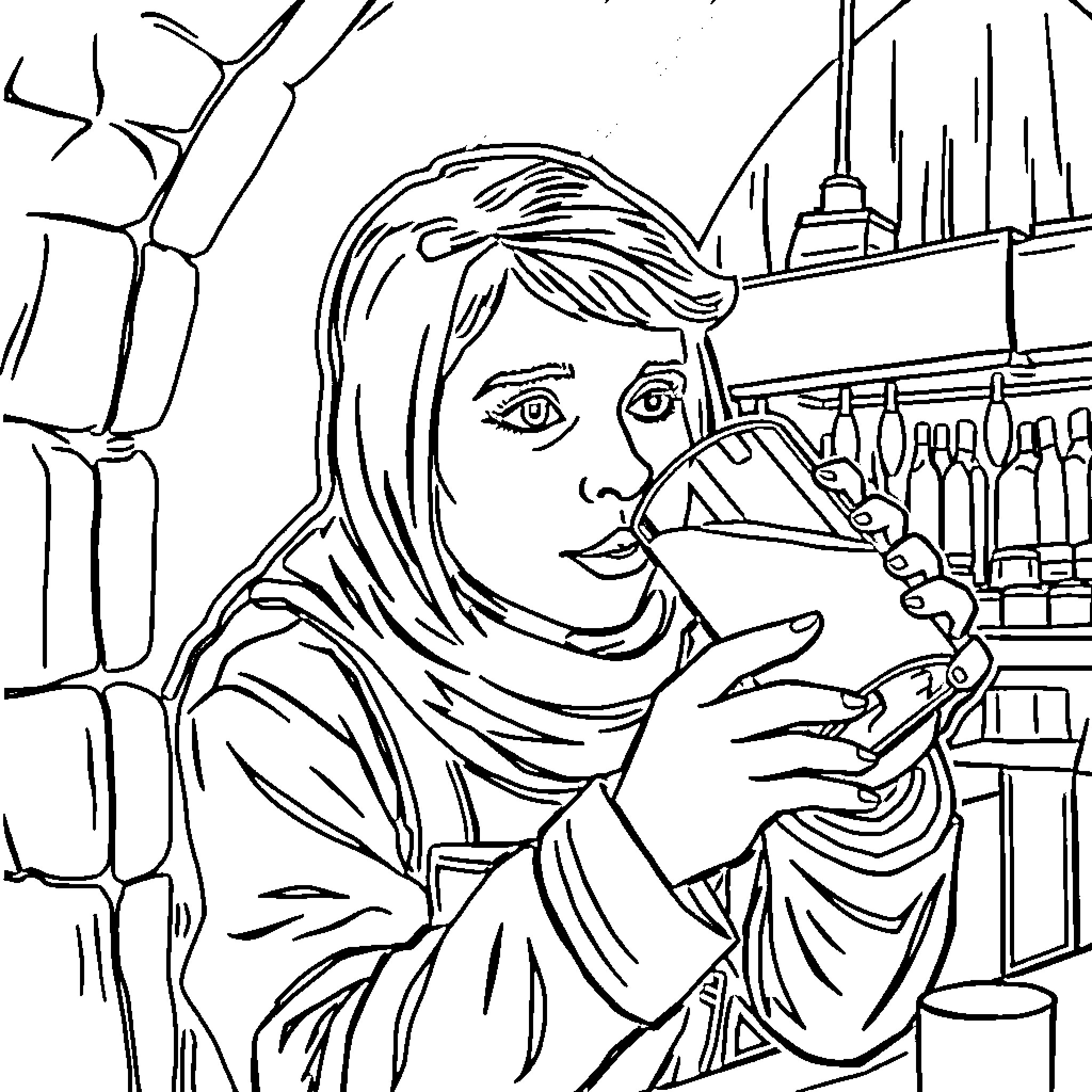 Hungary woman shopping in a market Coloring Page (free black-and-white line drawing printable PDF for all, from beginners to advanced learners, including children, teens, adults, and seniors)