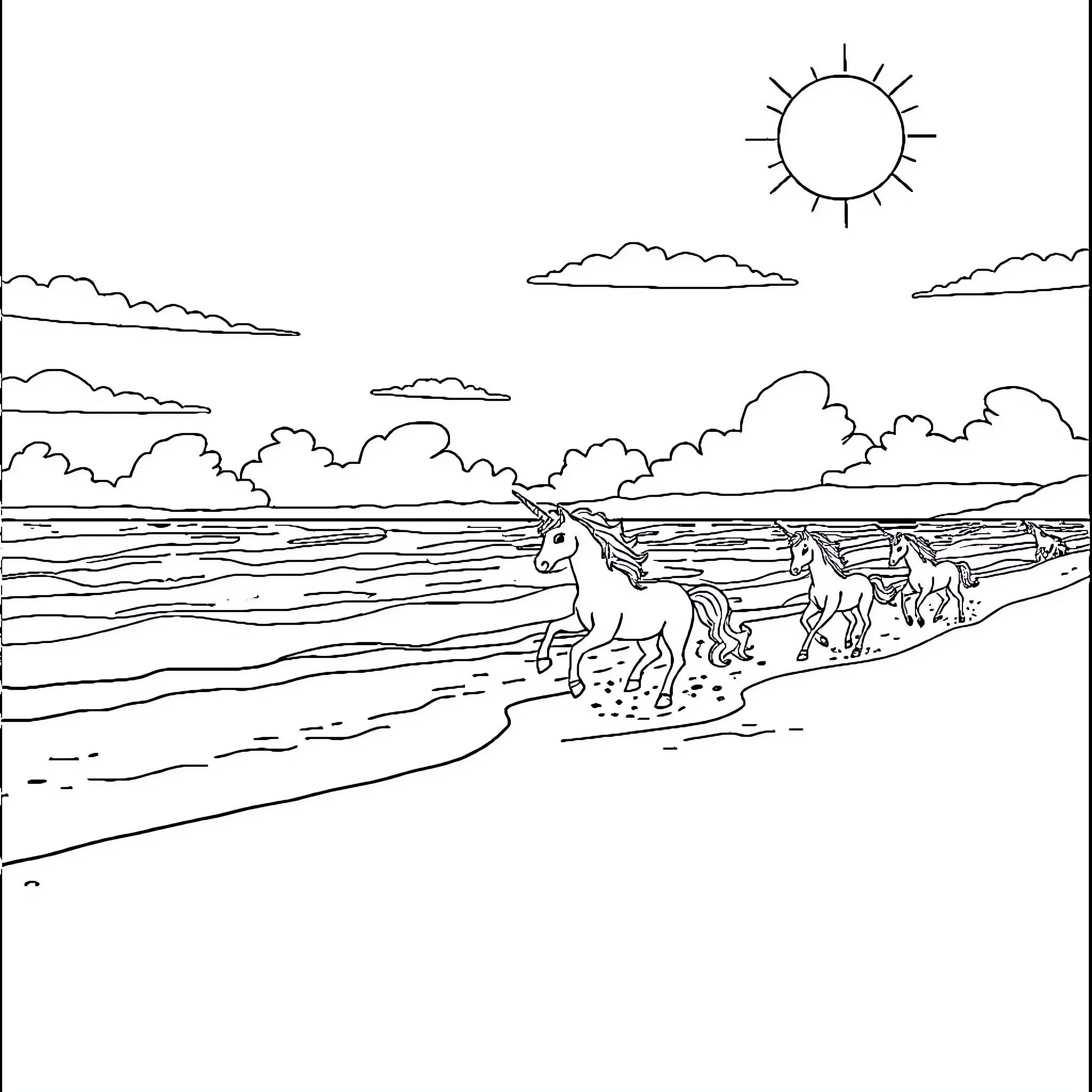 Unicorn Herd Galloping Along the Beach Coloring Page (free black-and-white line drawing printable PDF for all, from beginners to advanced learners, including children, teens, adults, and seniors)