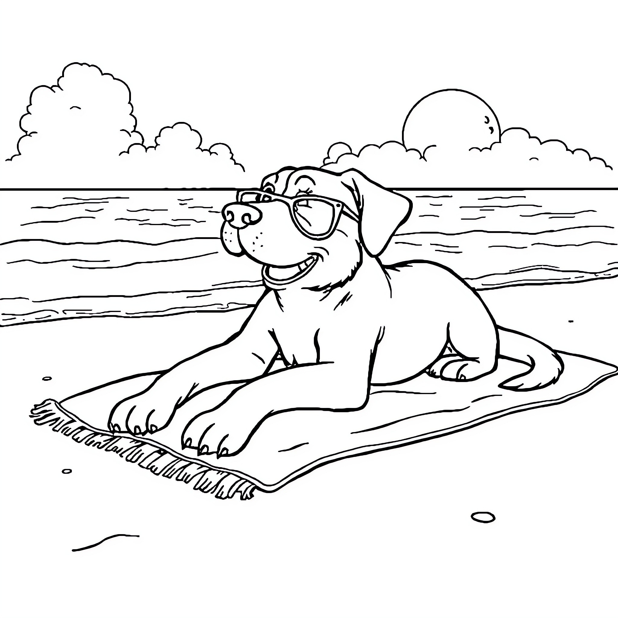 Tails of a happy dog at the beach Coloring Page (free black-and-white line drawing printable PDF for all, from beginners to advanced learners, including children, teens, adults, and seniors)