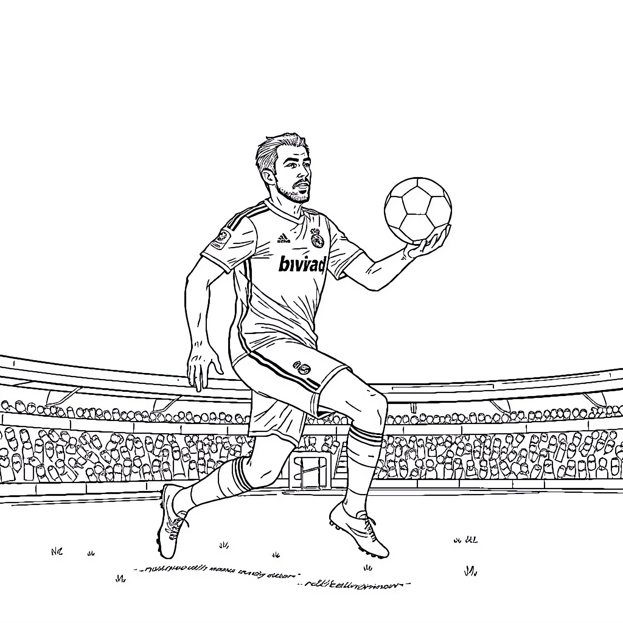 Jude Bellingham preparing to take a shot in a soccer match Coloring Page (free black-and-white line drawing printable PDF for all, from beginners to advanced learners, including children, teens, adults, and seniors)
