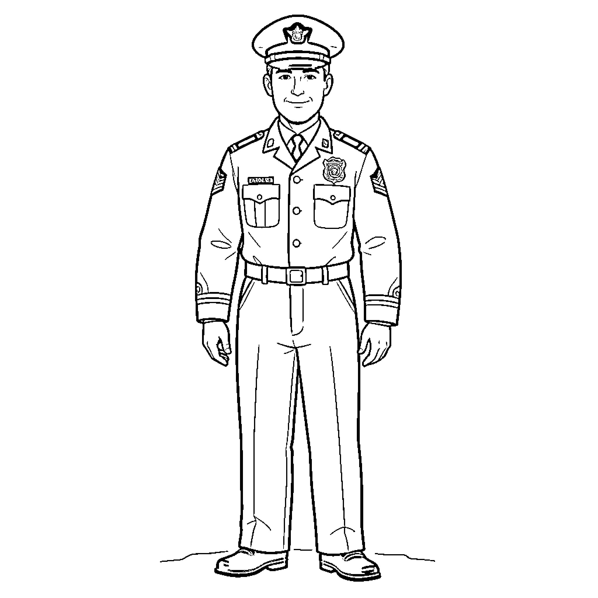 Coast Guard officer standing proudly in official uniform Coloring Page (free black-and-white line drawing printable PDF for all, from beginners to advanced learners, including children, teens, adults, and seniors)