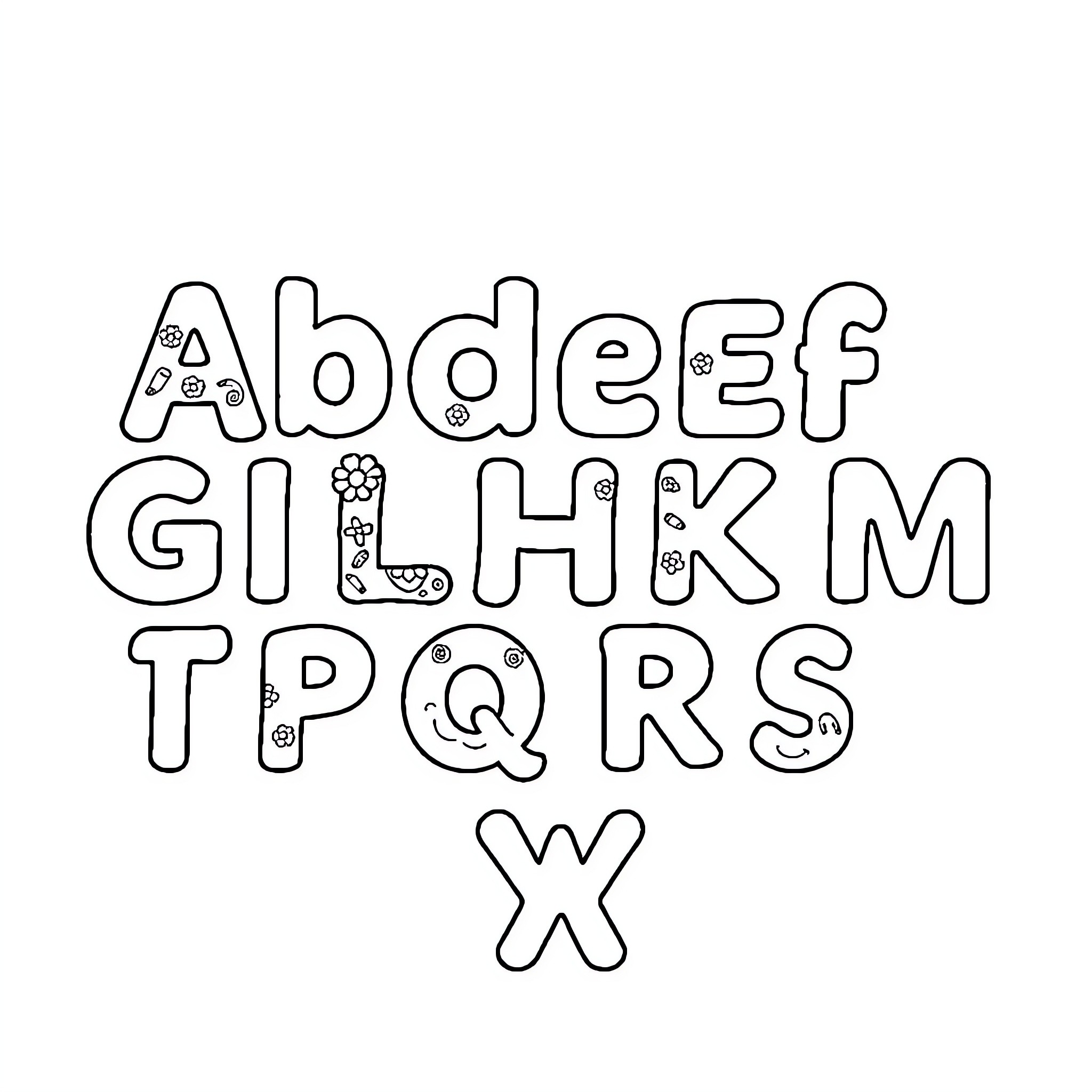 Alphabet of illustrated letters and symbols Coloring Page (free black-and-white line drawing printable PDF for all, from beginners to advanced learners, including children, teens, adults, and seniors)