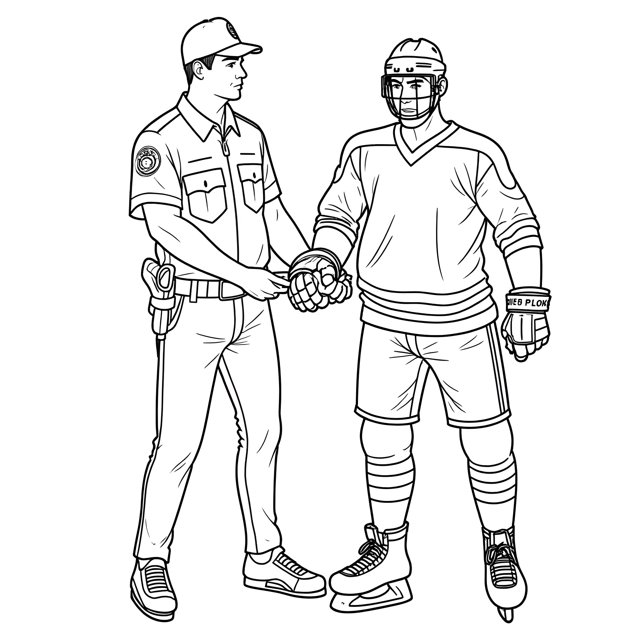 Hockey Player Shaking Hands with Referee Coloring Page (free black-and-white line drawing printable PDF for all, from beginners to advanced learners, including children, teens, adults, and seniors)