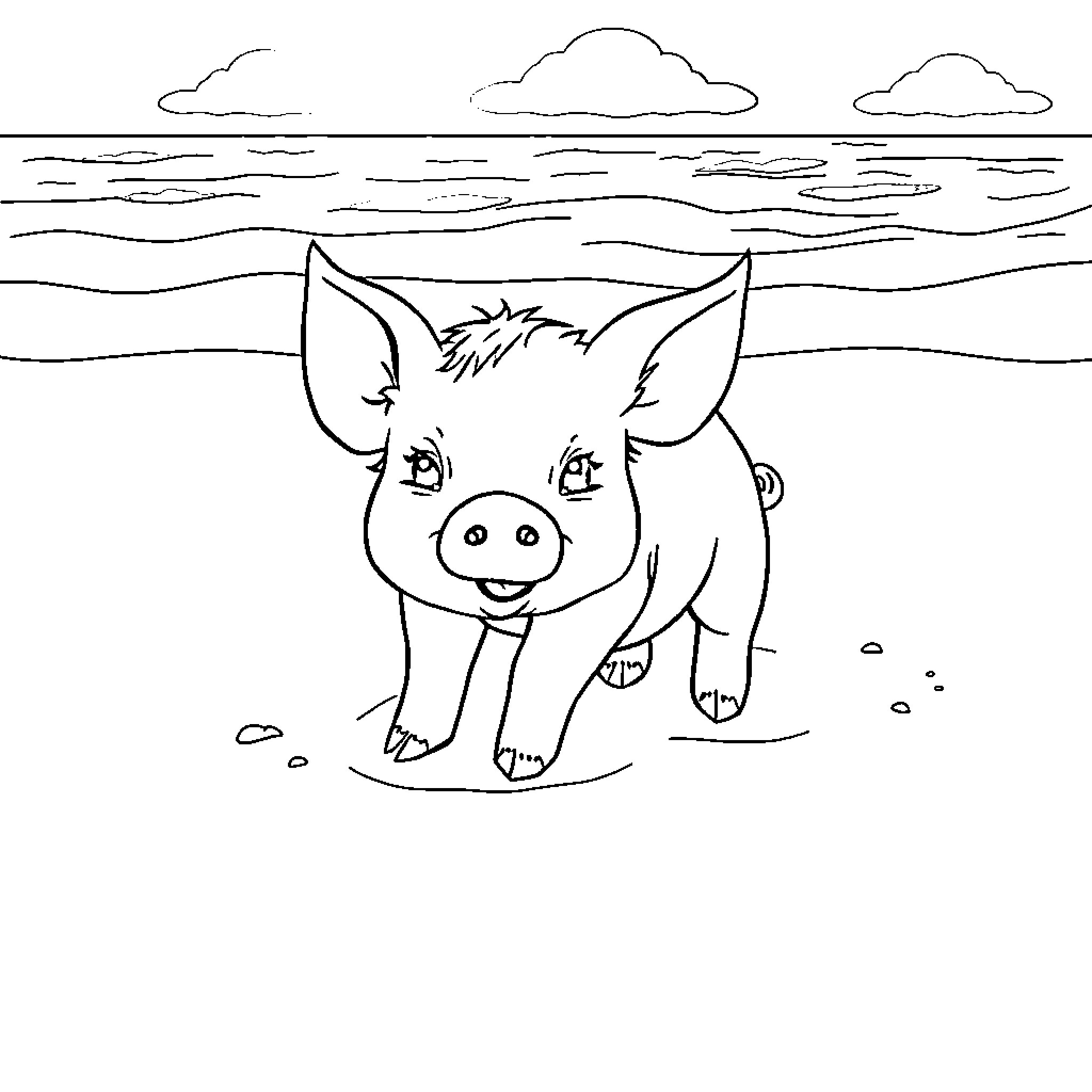 Pig playing by the sea Coloring Page (free black-and-white line drawing printable PDF for all, from beginners to advanced learners, including children, teens, adults, and seniors)