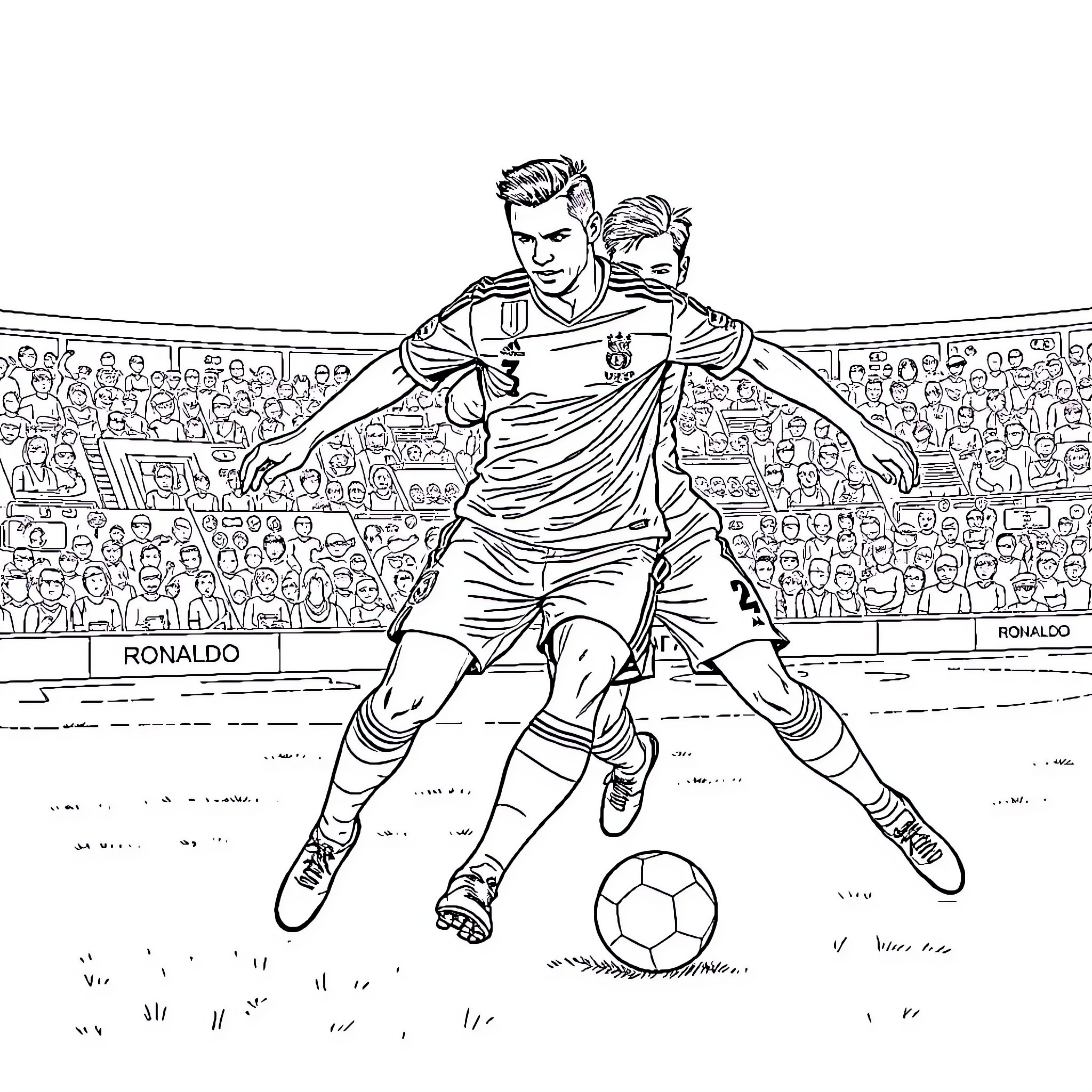 Ronaldo's Dynamic Soccer Match Performance Coloring Page (free black-and-white line drawing printable PDF for all, from beginners to advanced learners, including children, teens, adults, and seniors)