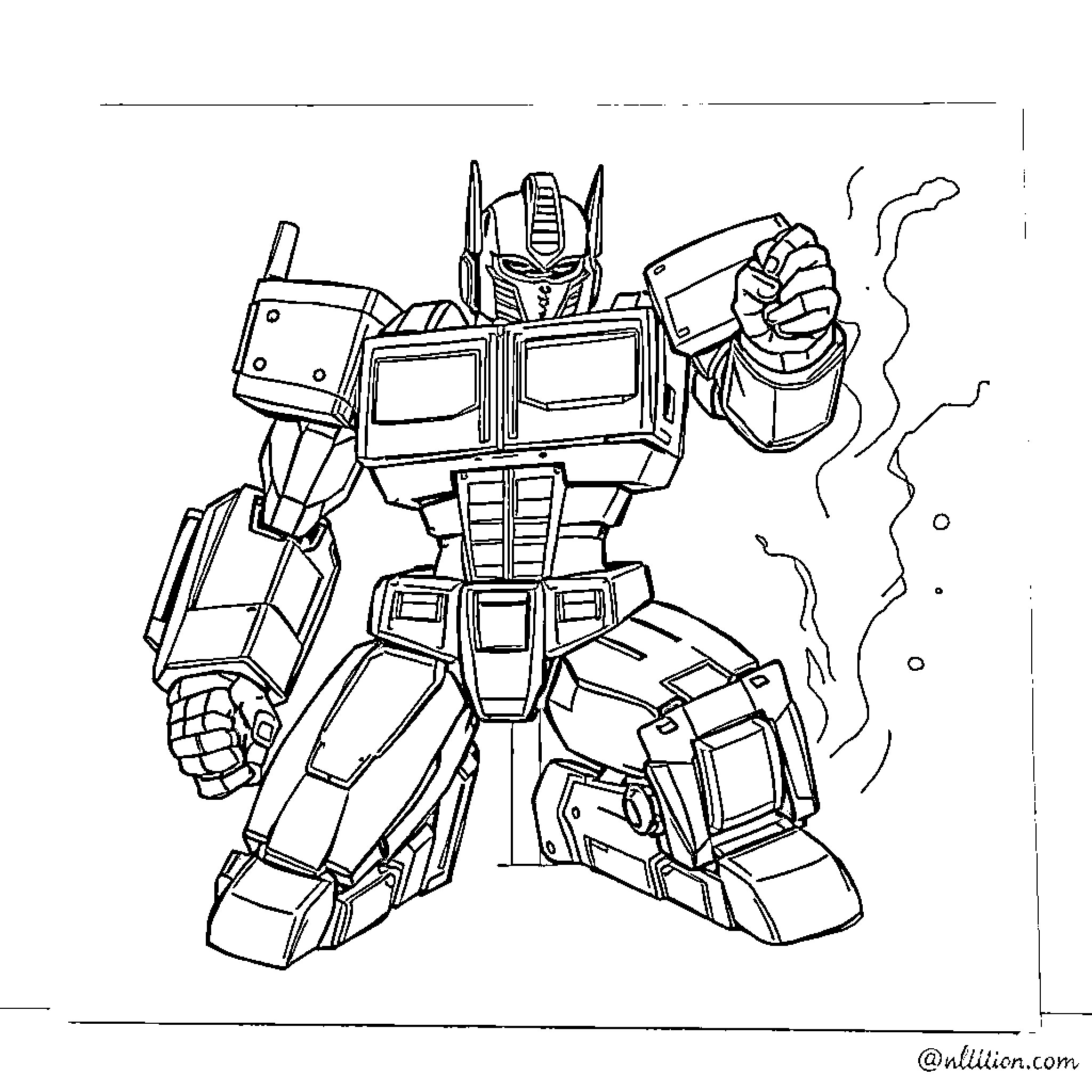 Optimus Prime in action-packed pose Coloring Page (free black-and-white line drawing printable PDF for all, from beginners to advanced learners, including children, teens, adults, and seniors)