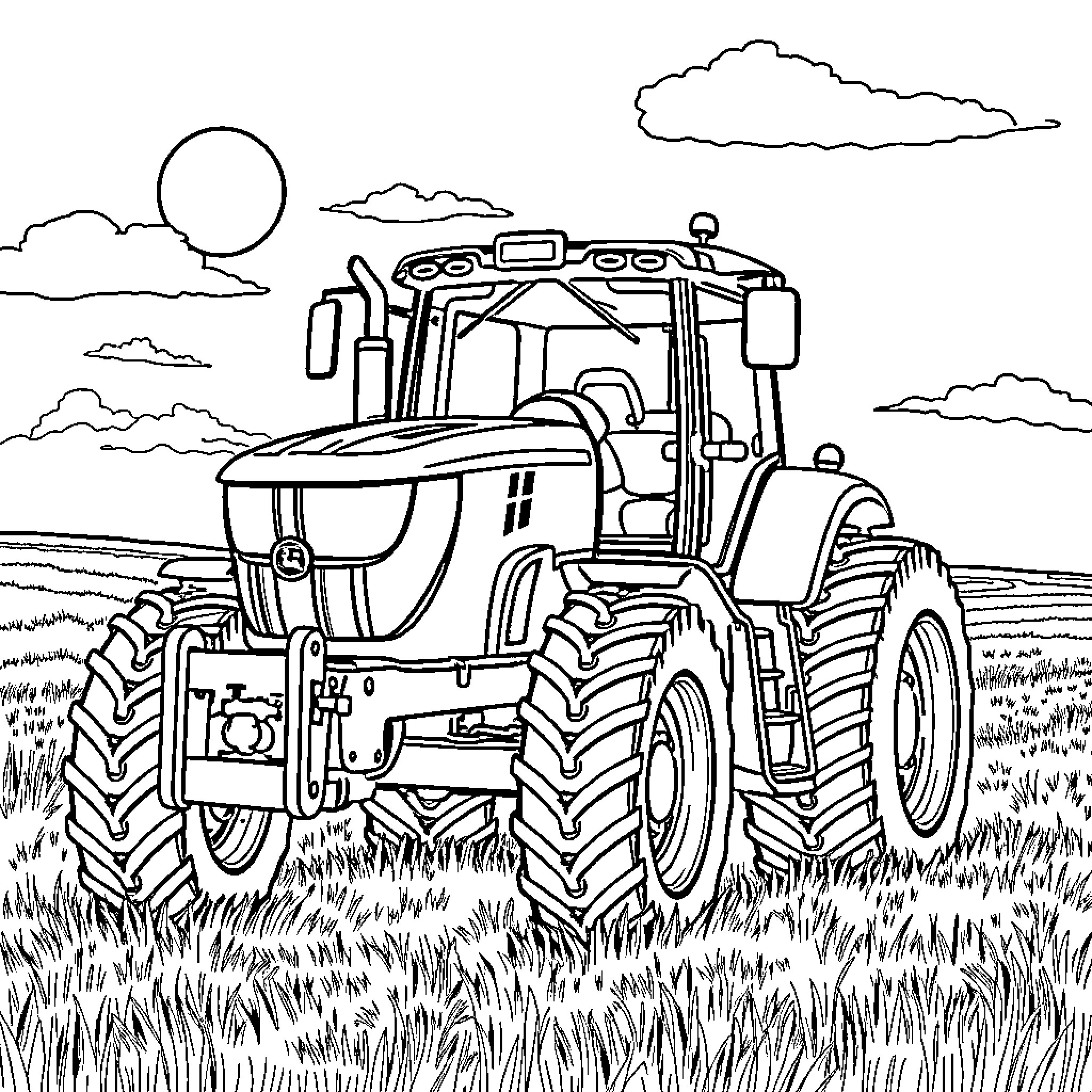 Tractor plowing through a field under cloudy skies Coloring Page (free black-and-white line drawing printable PDF for all, from beginners to advanced learners, including children, teens, adults, and seniors)