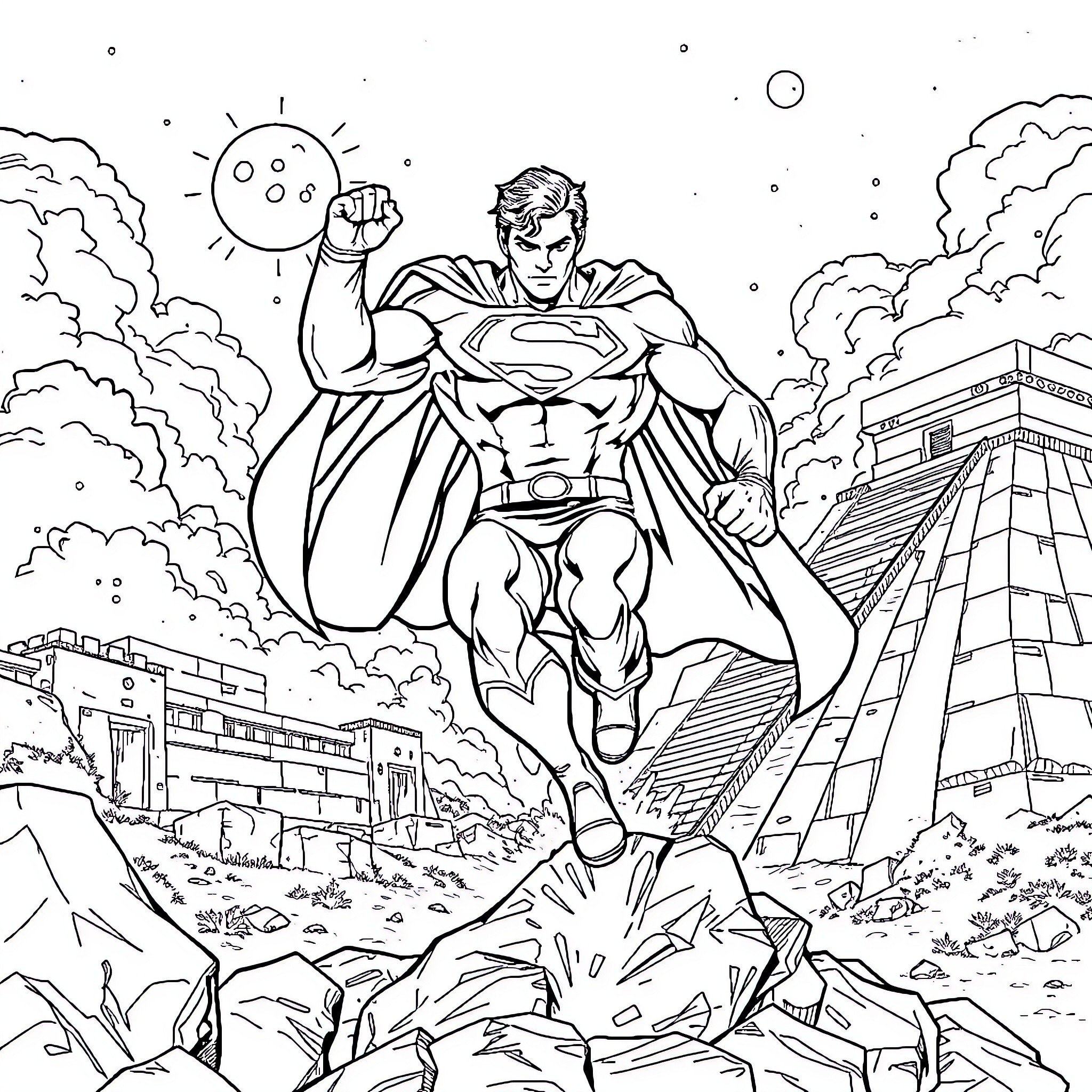 Superman Saving the City from Disaster Coloring Page (free black-and-white line drawing printable PDF for all, from beginners to advanced learners, including children, teens, adults, and seniors)