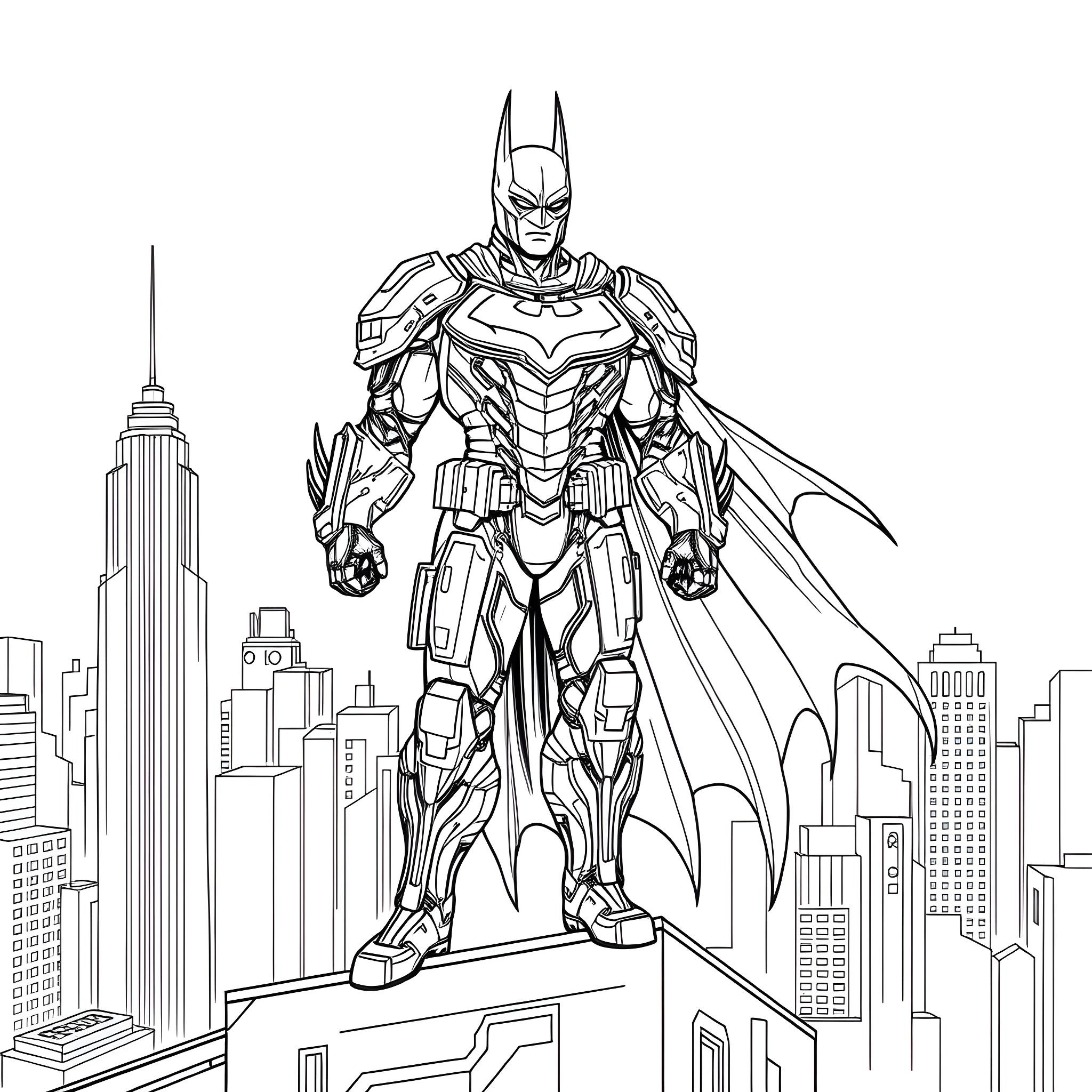 Mecha Batman Stands Tall in a Futuristic City Coloring Page (free black-and-white line drawing printable PDF for all, from beginners to advanced learners, including children, teens, adults, and seniors)
