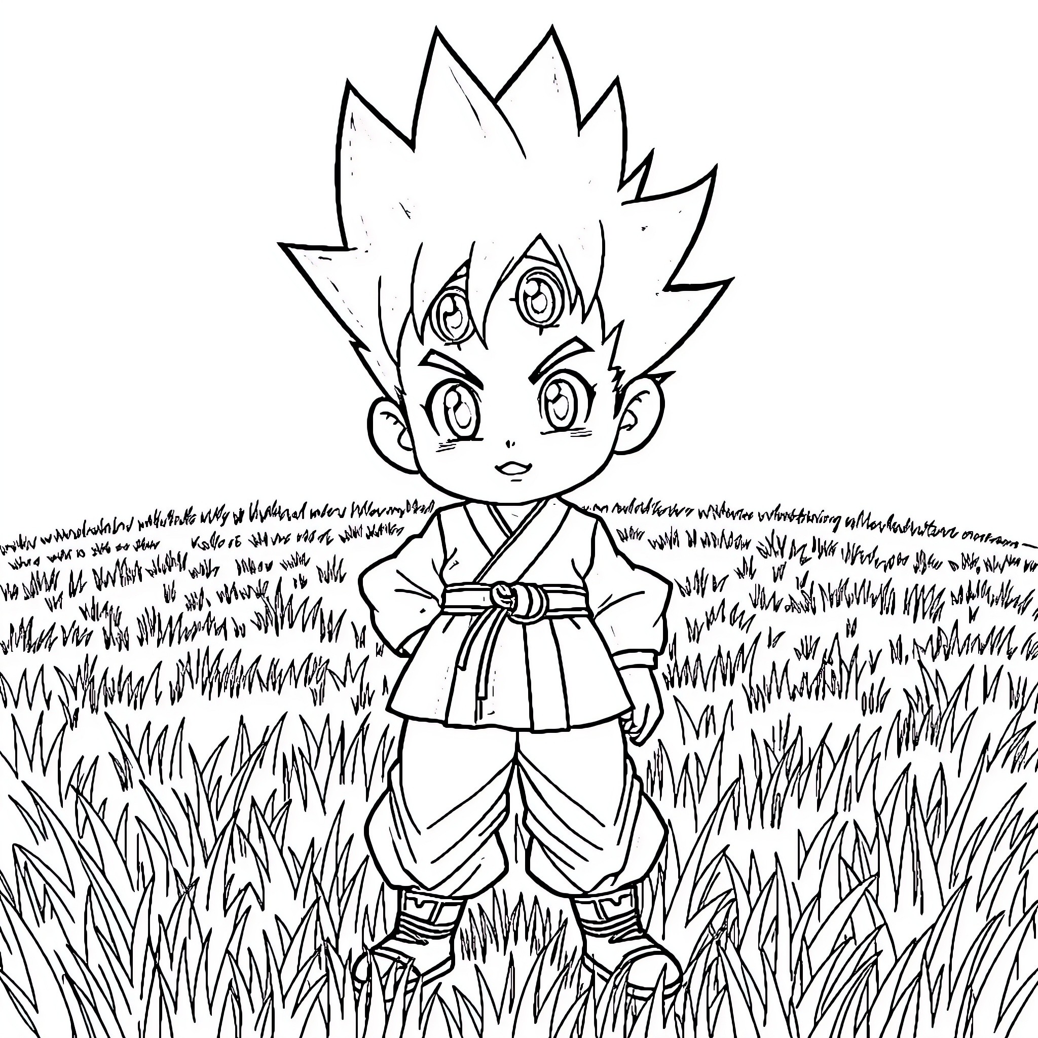 Goten enjoying a peaceful day in the meadow Coloring Page (free black-and-white line drawing printable PDF for all, from beginners to advanced learners, including children, teens, adults, and seniors)