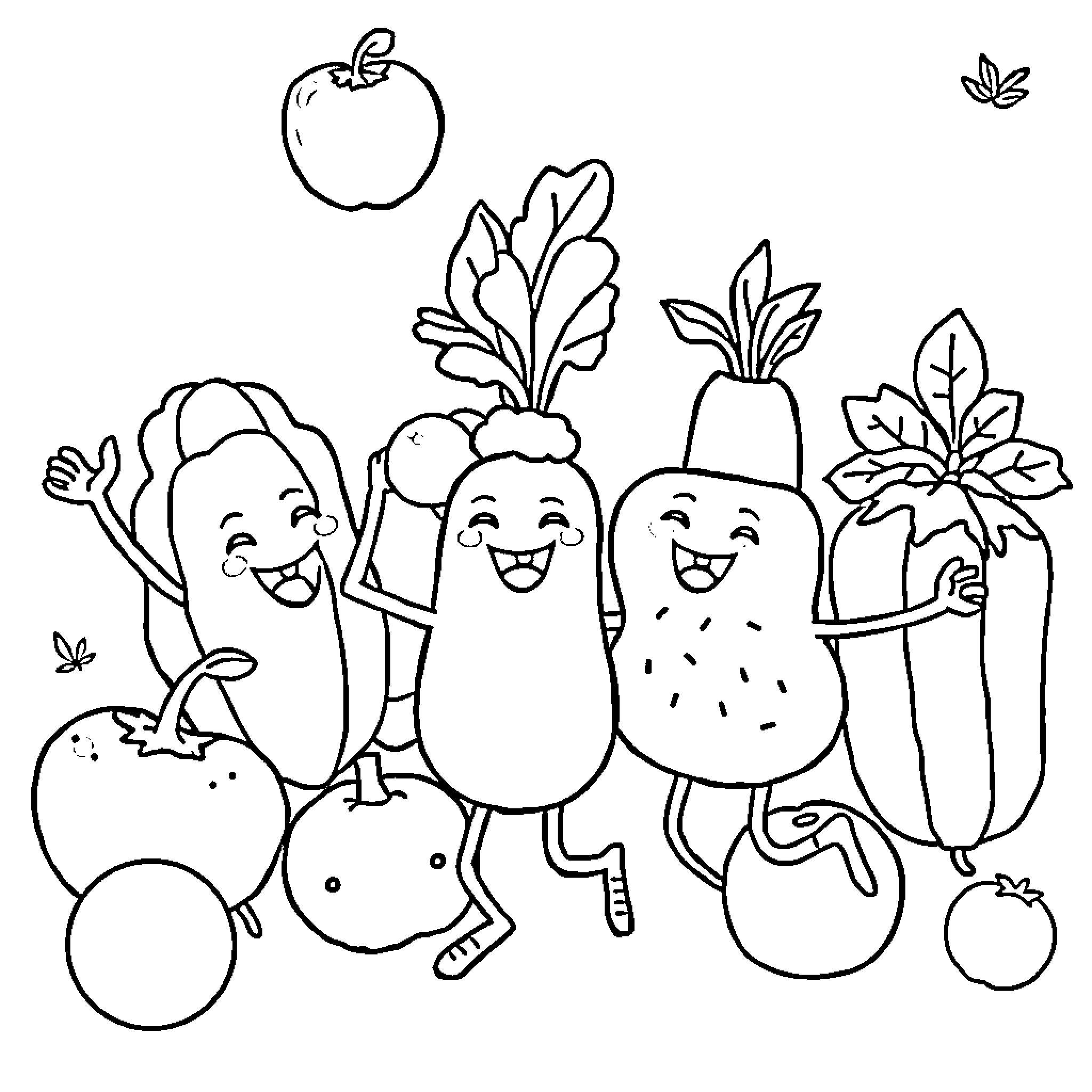 Fruit and Vegetable Characters Celebrating Together Coloring Page (free black-and-white line drawing printable PDF for all, from beginners to advanced learners, including children, teens, adults, and seniors)