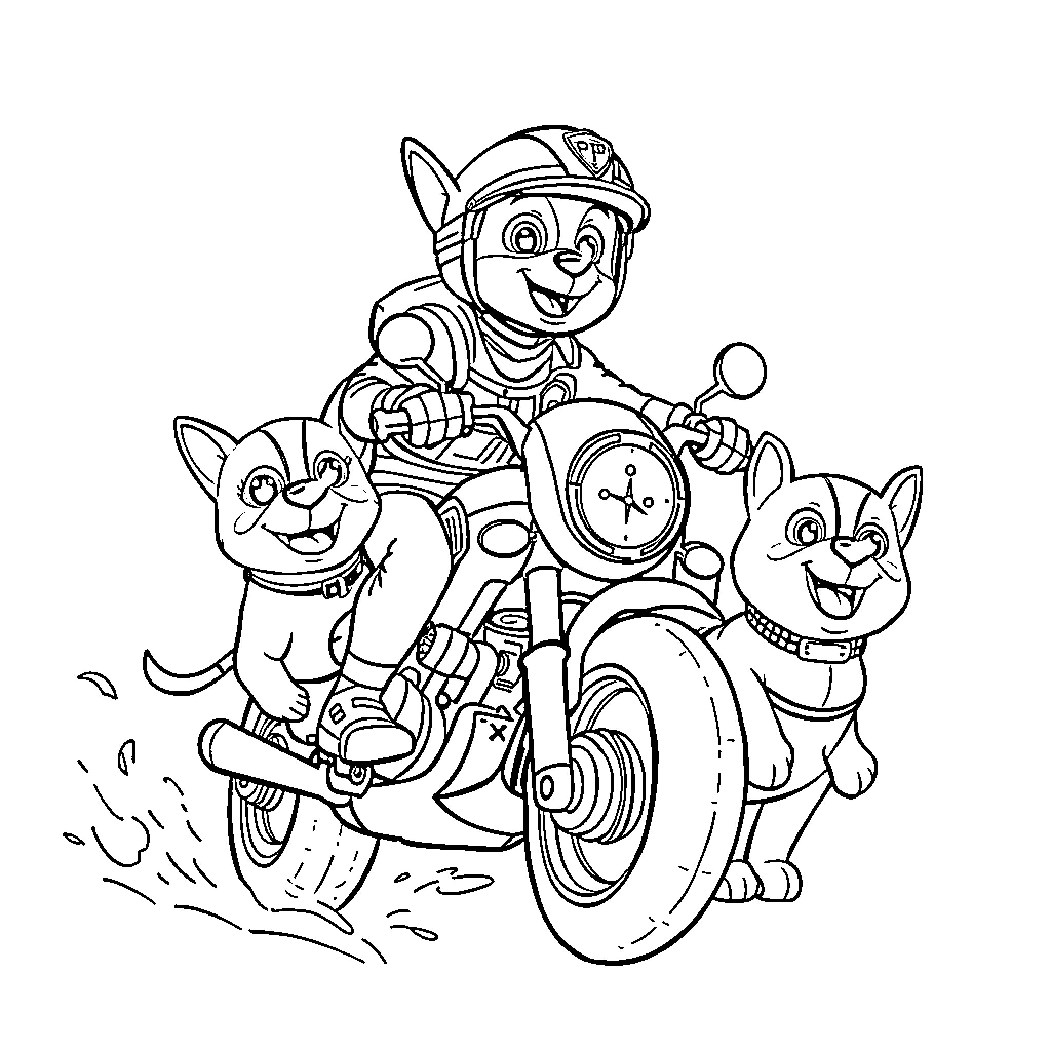 Patrol with Pups on Motorcycles Coloring Page (free black-and-white line drawing printable PDF for all, from beginners to advanced learners, including children, teens, adults, and seniors)