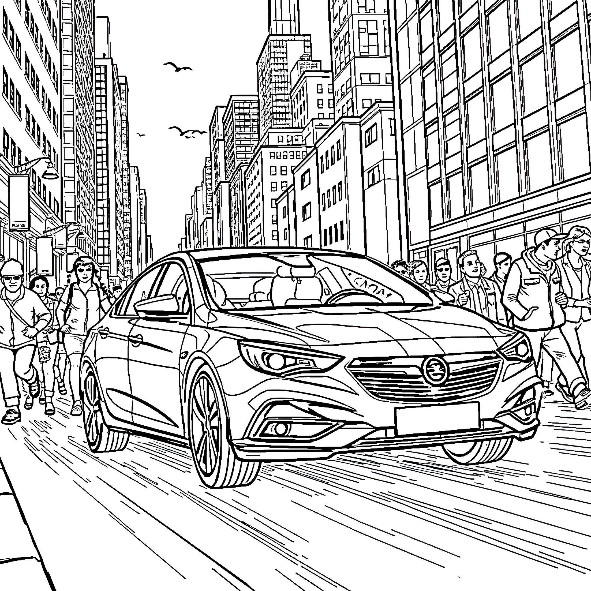 Spiderman's car in the bustling city streets Coloring Page (free black-and-white line drawing printable PDF for all, from beginners to advanced learners, including children, teens, adults, and seniors)