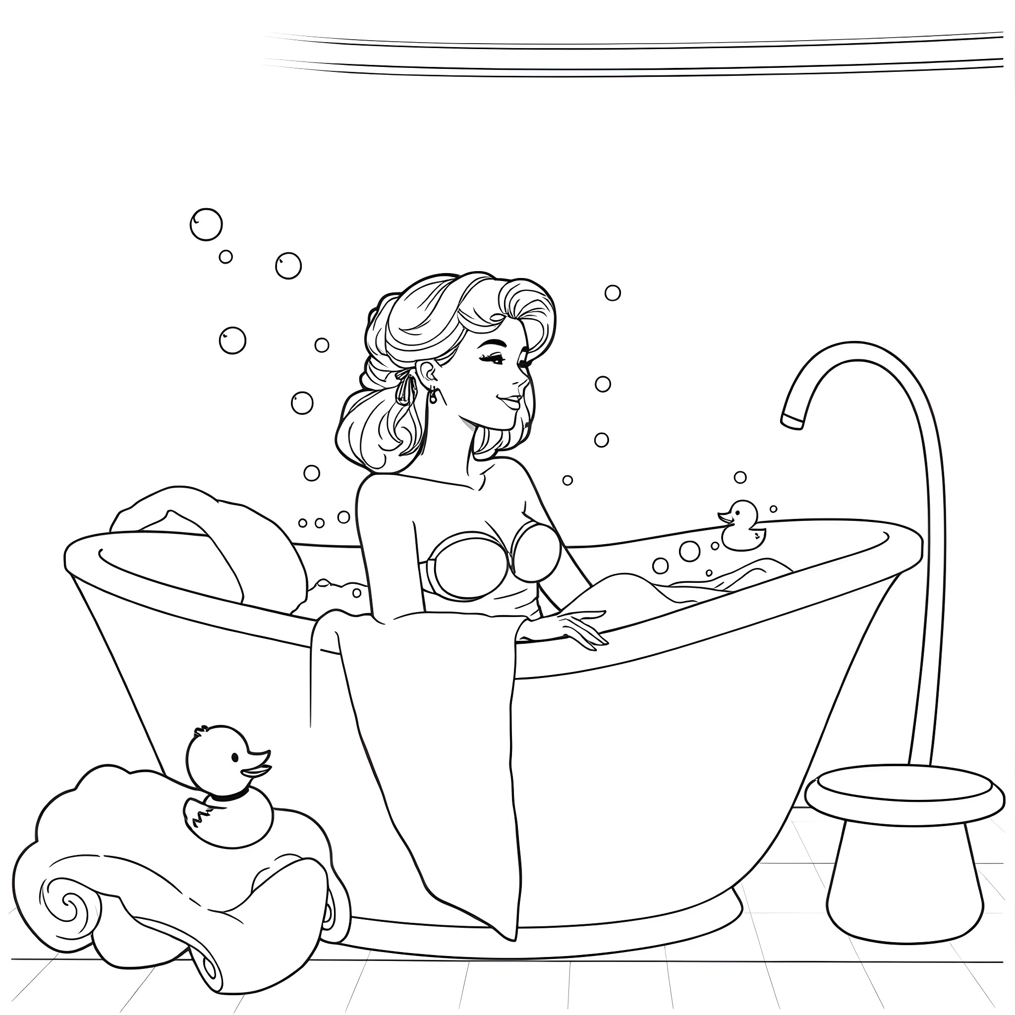 Lady relaxing in a bubble bath with a rubber duck Coloring Page (free black-and-white line drawing printable PDF for all, from beginners to advanced learners, including children, teens, adults, and seniors)