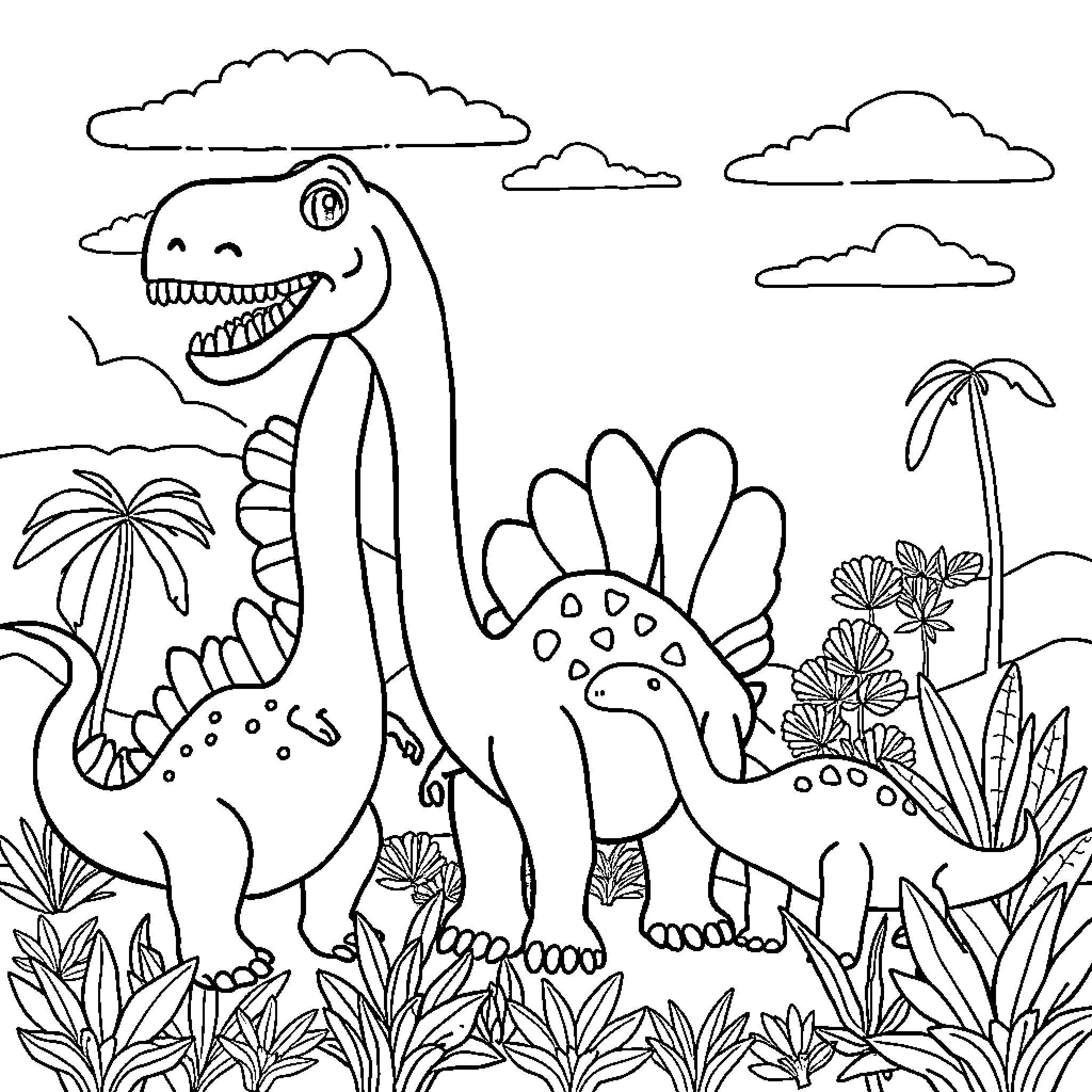 Dinosaur playing in lush prehistoric landscape Coloring Page (free black-and-white line drawing printable PDF for all, from beginners to advanced learners, including children, teens, adults, and seniors)