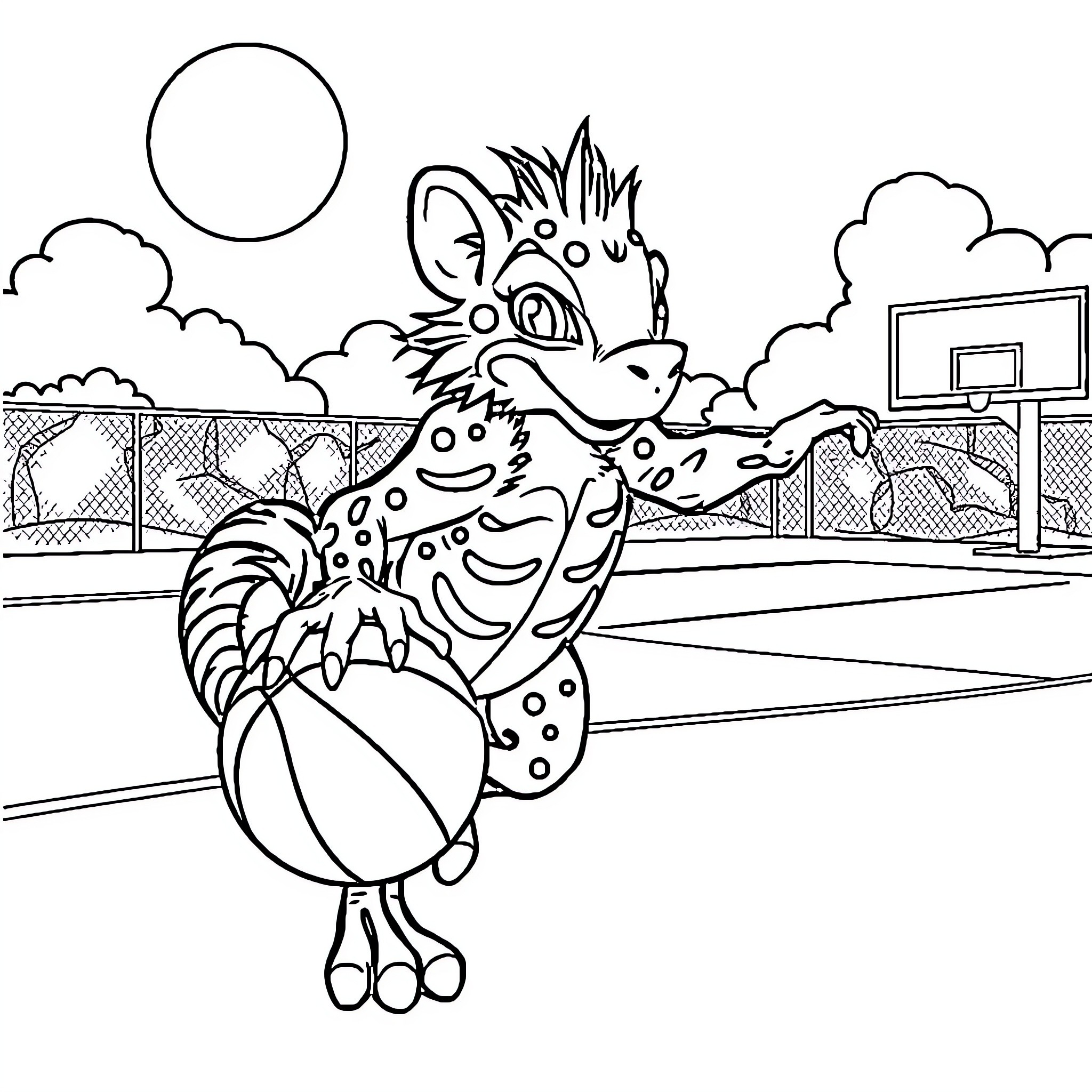 Chameleon playing basketball on the court Coloring Page (free black-and-white line drawing printable PDF for all, from beginners to advanced learners, including children, teens, adults, and seniors)