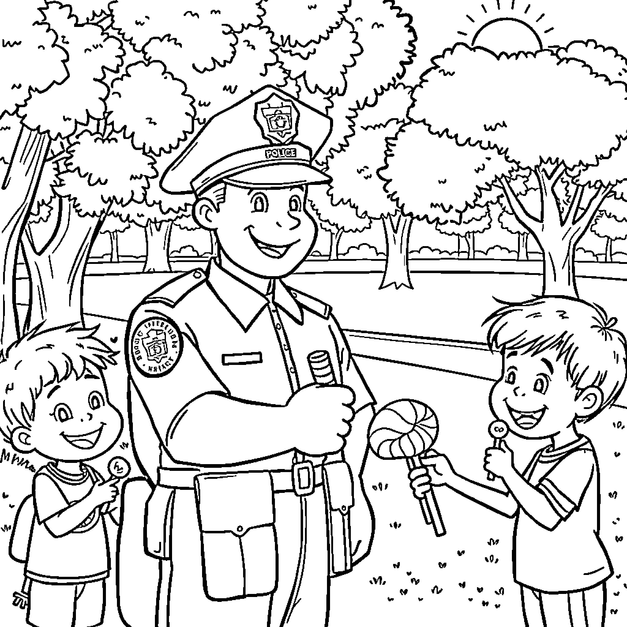 Police Officer Interacting with Friendly Children in Park Coloring Page (free black-and-white line drawing printable PDF for all, from beginners to advanced learners, including children, teens, adults, and seniors)