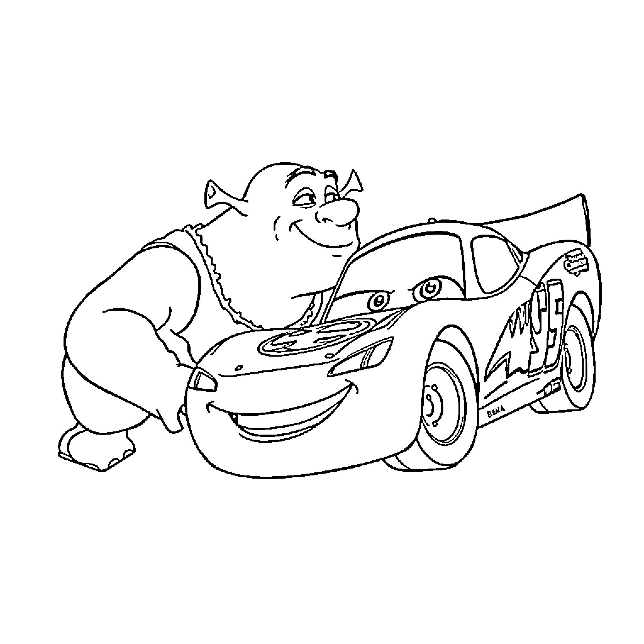 Shrek fixing a car with a smile Coloring Page (free black-and-white line drawing printable PDF for all, from beginners to advanced learners, including children, teens, adults, and seniors)