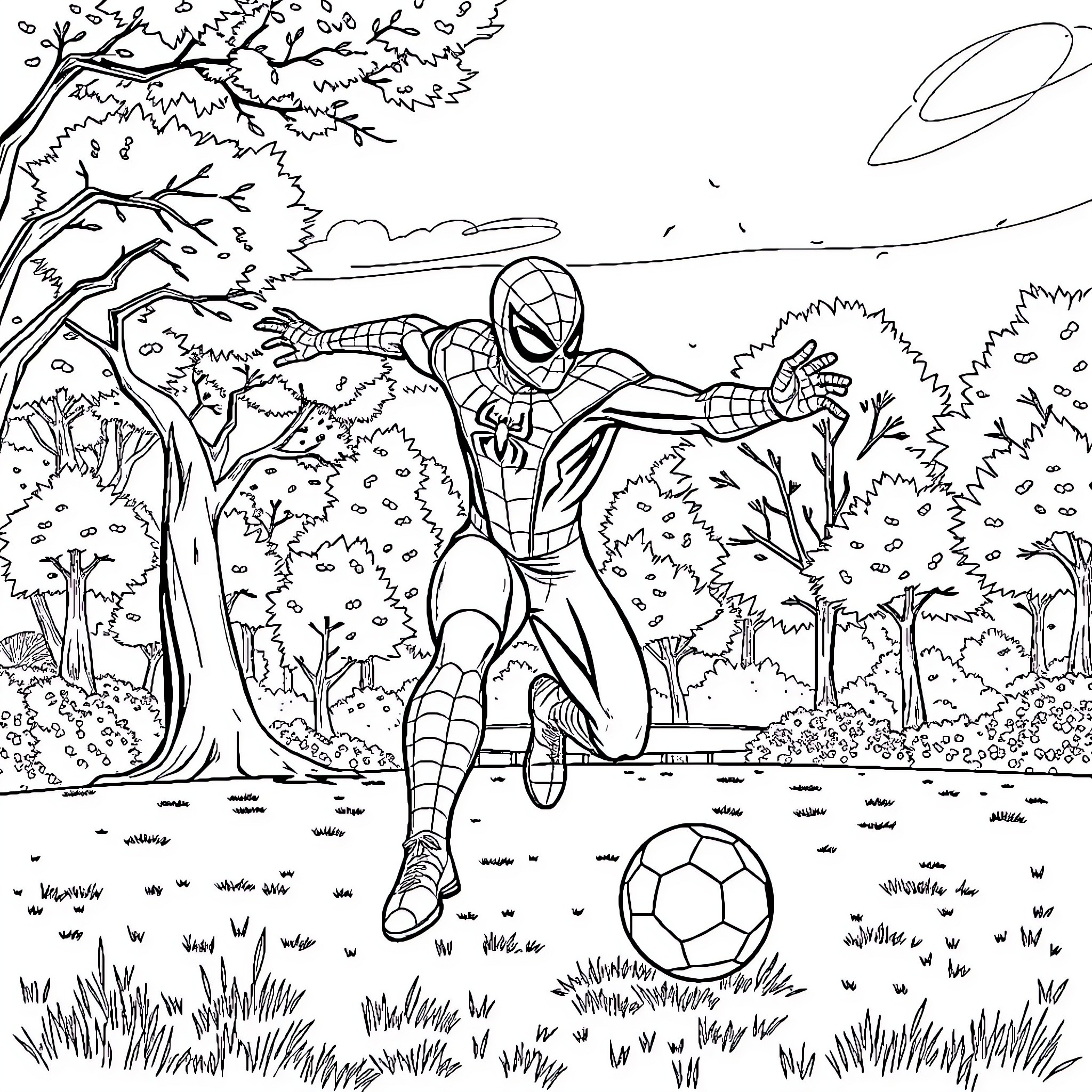 Spiderman playing soccer in a forest landscape Coloring Page (free black-and-white line drawing printable PDF for all, from beginners to advanced learners, including children, teens, adults, and seniors)