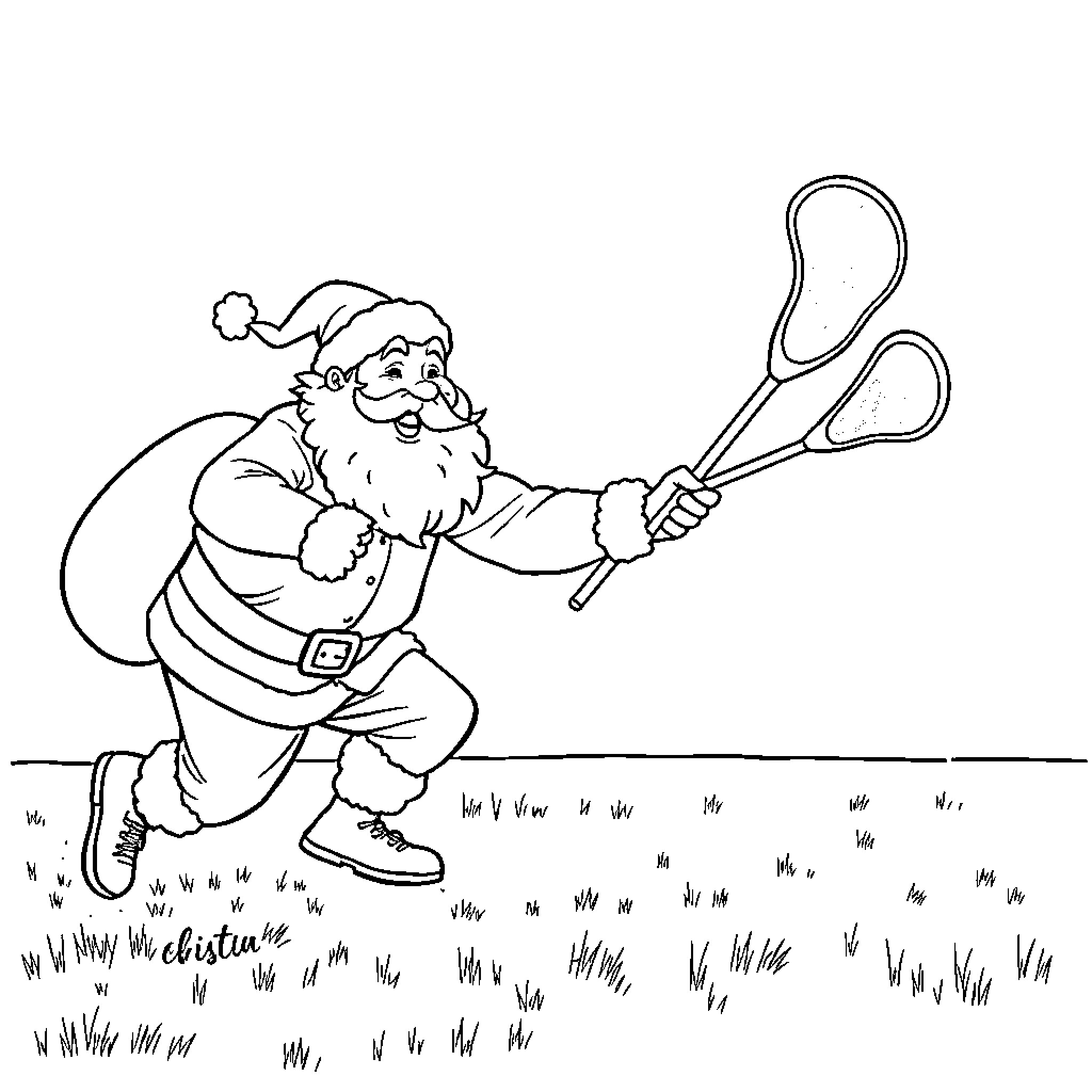 Santa playing with racket in field Coloring Page (free black-and-white line drawing printable PDF for all, from beginners to advanced learners, including children, teens, adults, and seniors)