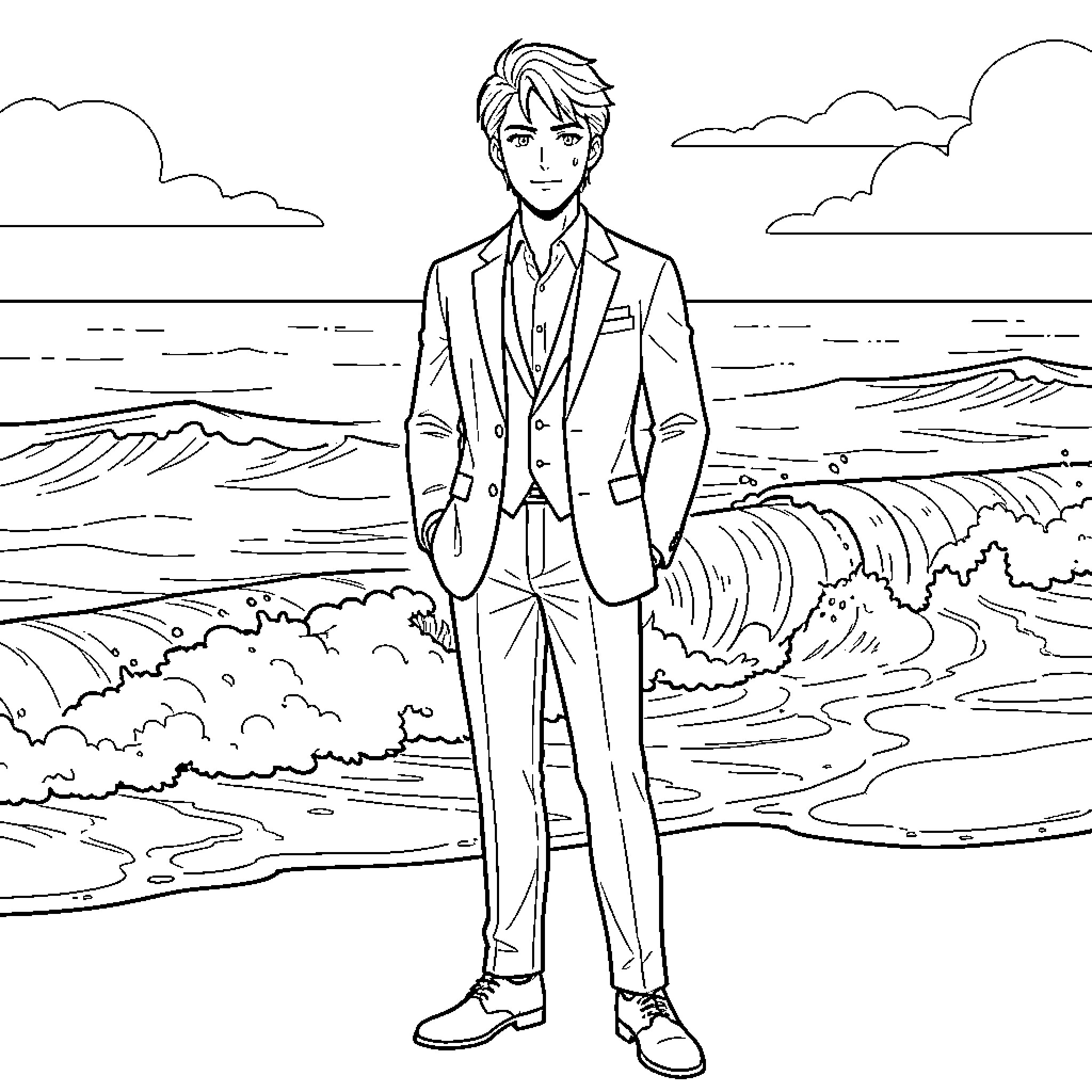 Anime Character in a formal suit standing by the ocean Coloring Page (free black-and-white line drawing printable PDF for all, from beginners to advanced learners, including children, teens, adults, and seniors)