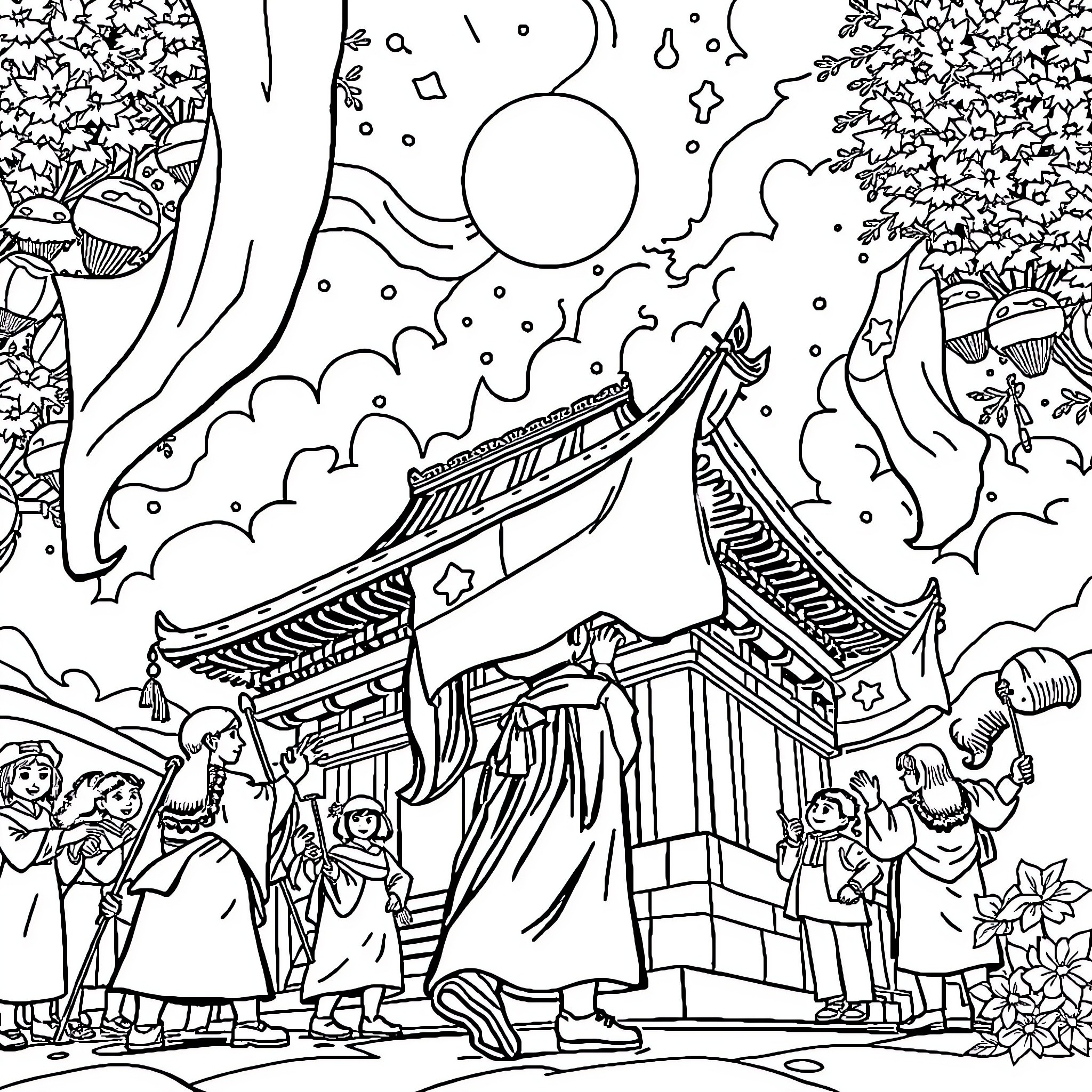 Kyōjurō Rengoku in a traditional Japanese setting Coloring Page (free black-and-white line drawing printable PDF for all, from beginners to advanced learners, including children, teens, adults, and seniors)