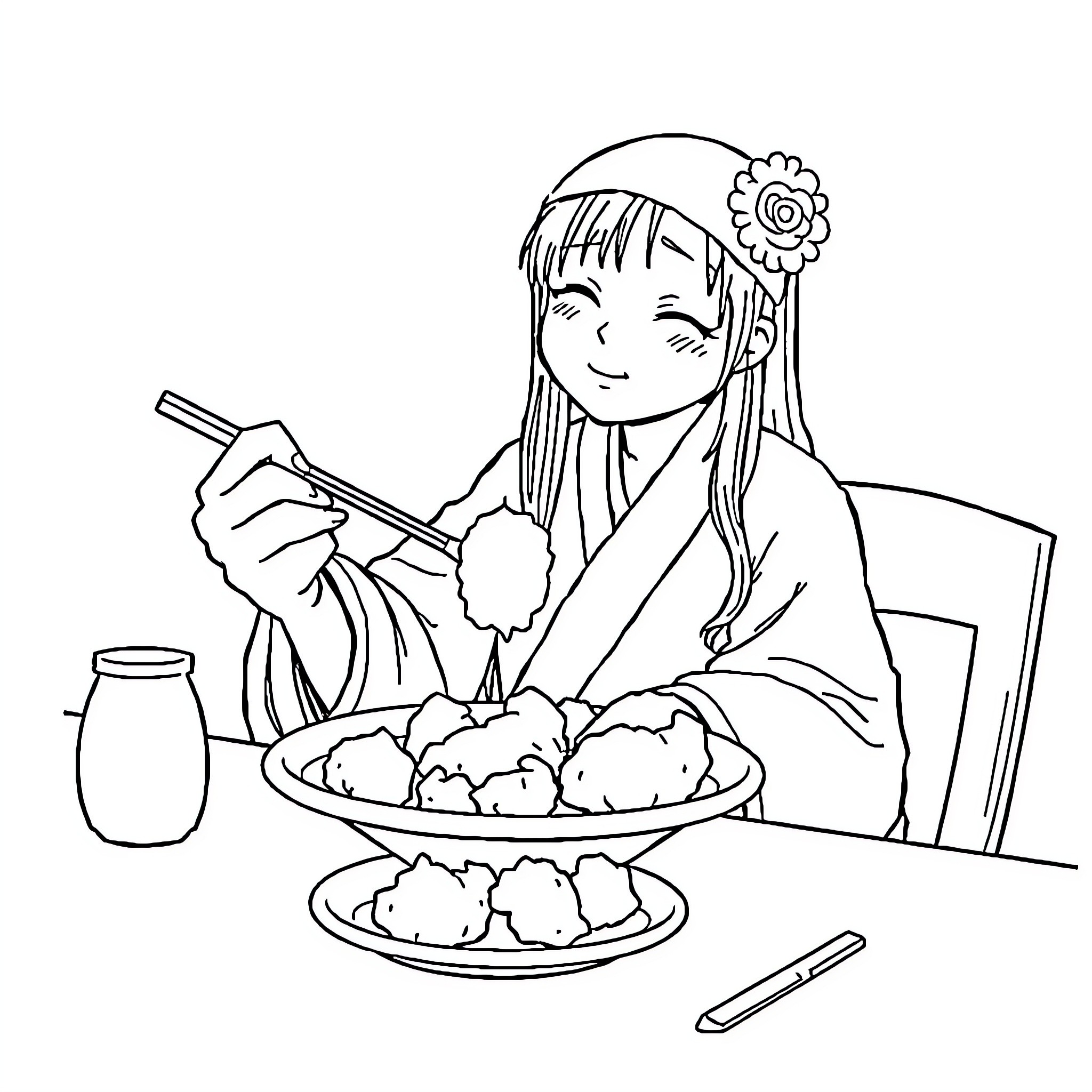 Mayuri Kurotsuchi preparing a meal in traditional Japanese outfit Coloring Page (free black-and-white line drawing printable PDF for all, from beginners to advanced learners, including children, teens, adults, and seniors)
