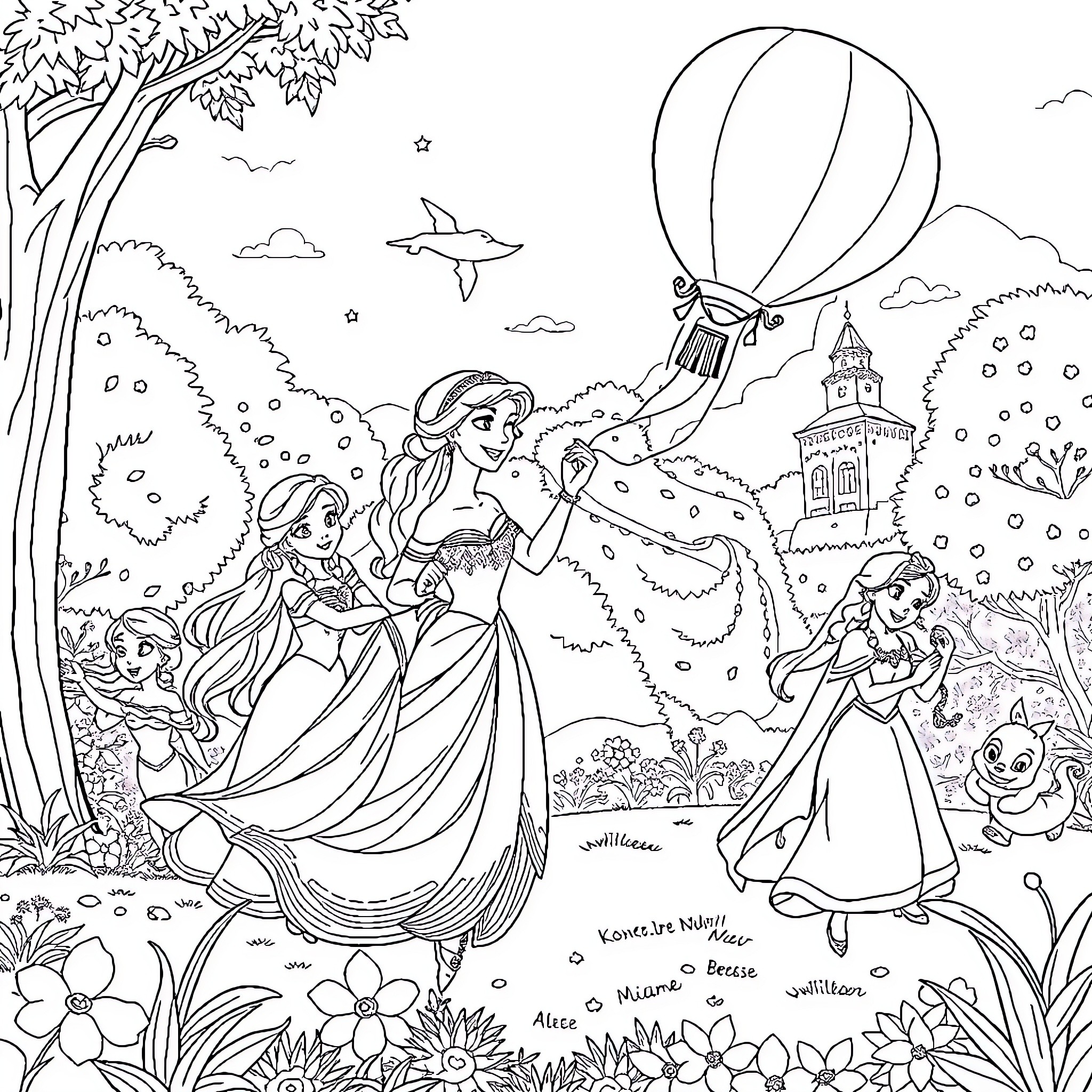 Princess and her friends exploring a magical garden Coloring Page (free black-and-white line drawing printable PDF for all, from beginners to advanced learners, including children, teens, adults, and seniors)