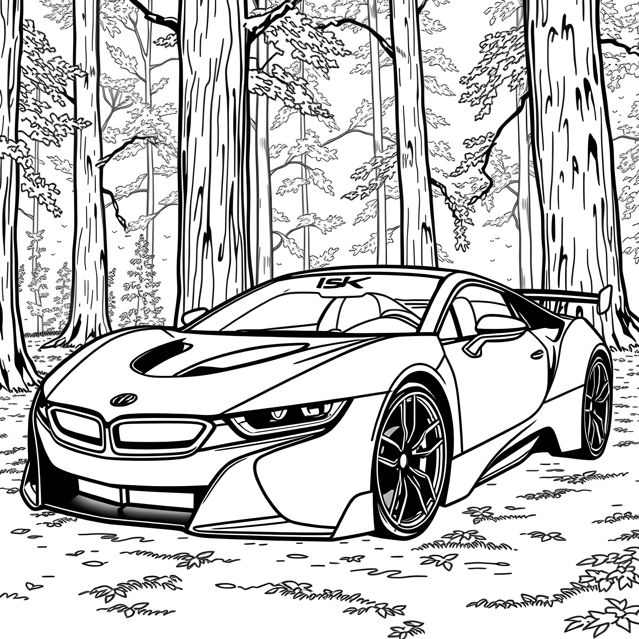 Car racing through the forest Coloring Page (free black-and-white line drawing printable PDF for all, from beginners to advanced learners, including children, teens, adults, and seniors)